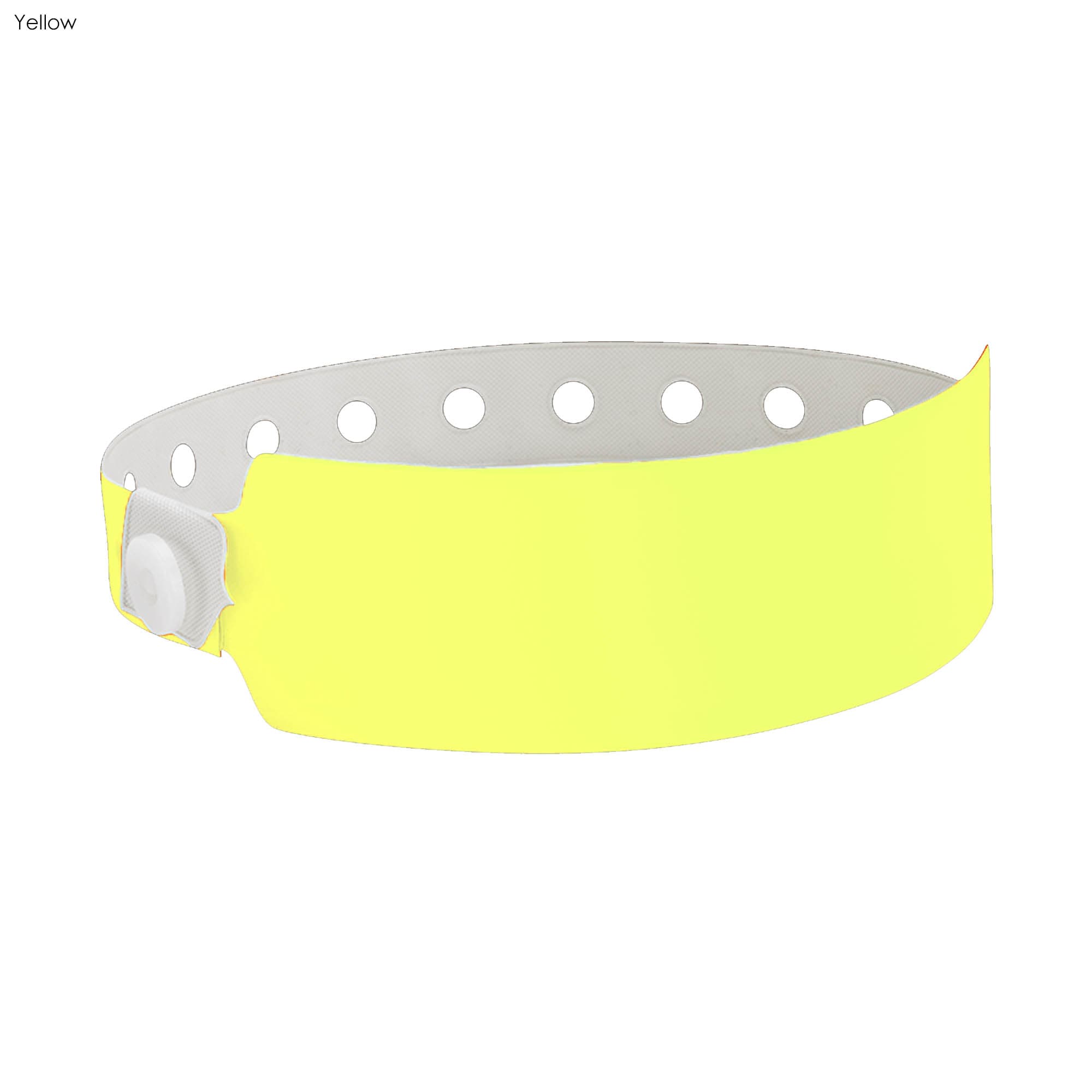 A bright yellow vinyl wristband with a secure fastening and punched holes for adjustments.