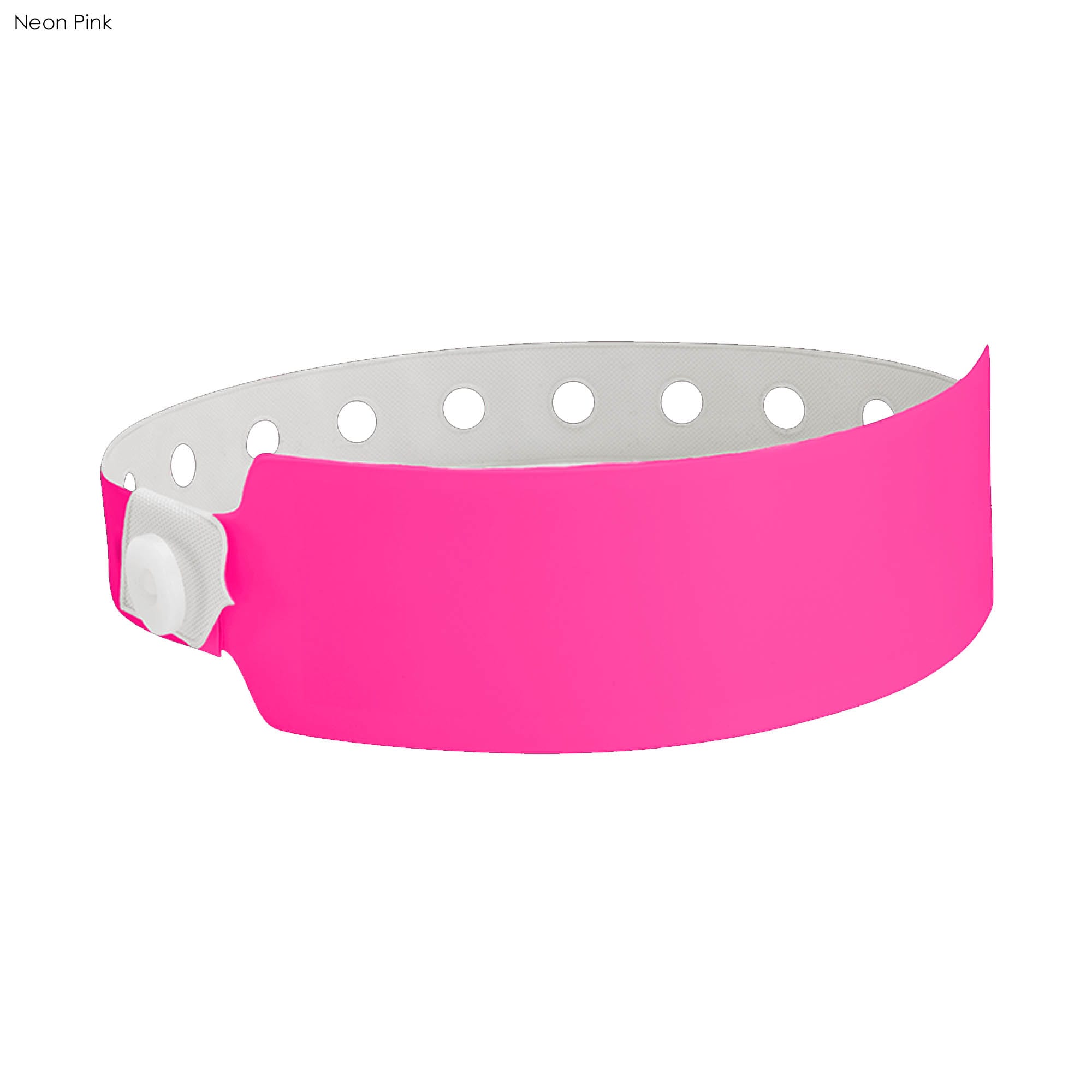 A neon pink vinyl wristband with a white inner lining and circular cutouts, featuring a fastening mechanism.