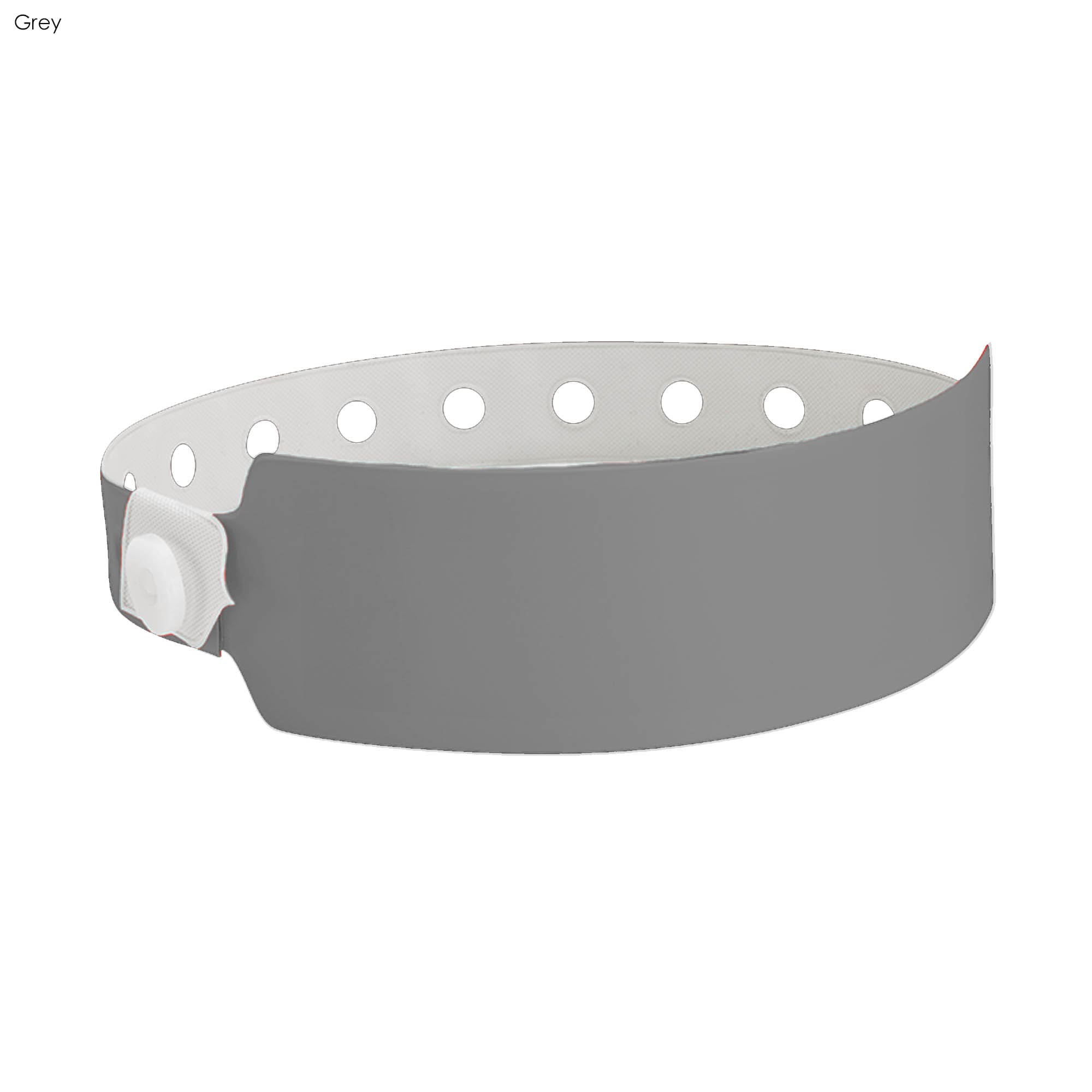A grey vinyl wristband with white holes and a locking mechanism, designed for events and exhibitions.