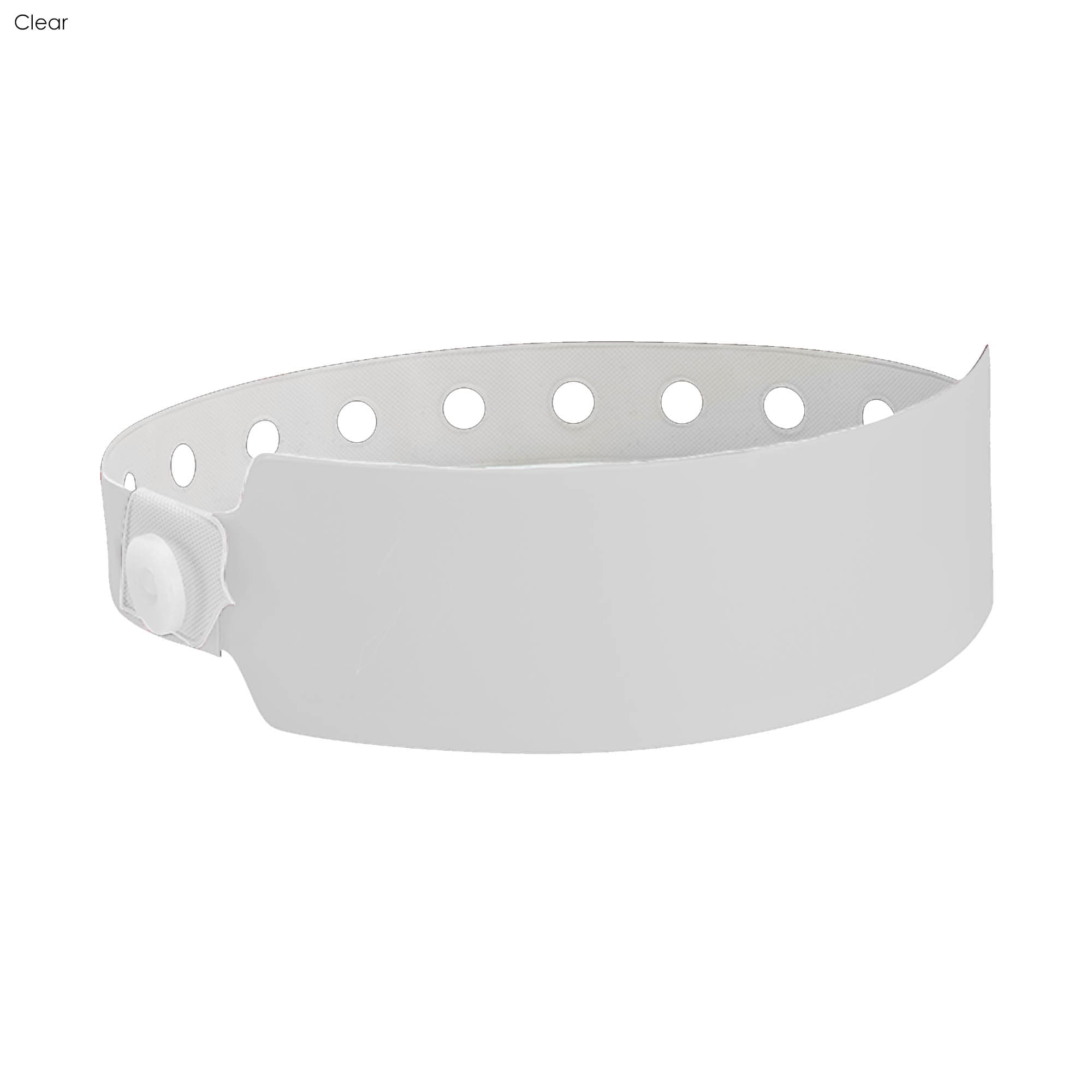 A white vinyl wristband with holes and a fastening button, designed for events and exhibitions.