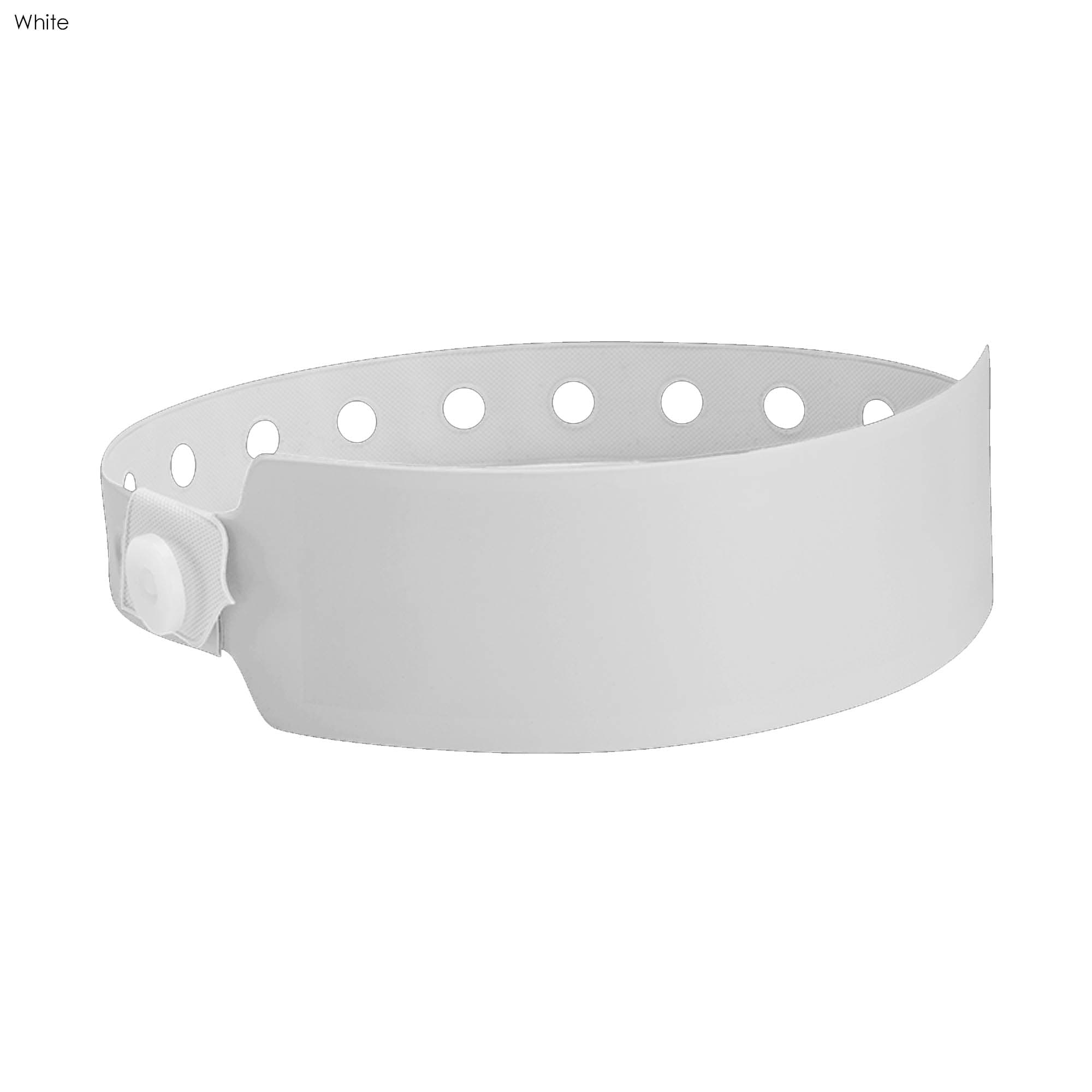 A white vinyl wristband with a snap closure and multiple holes for adjustability. Features a logo.