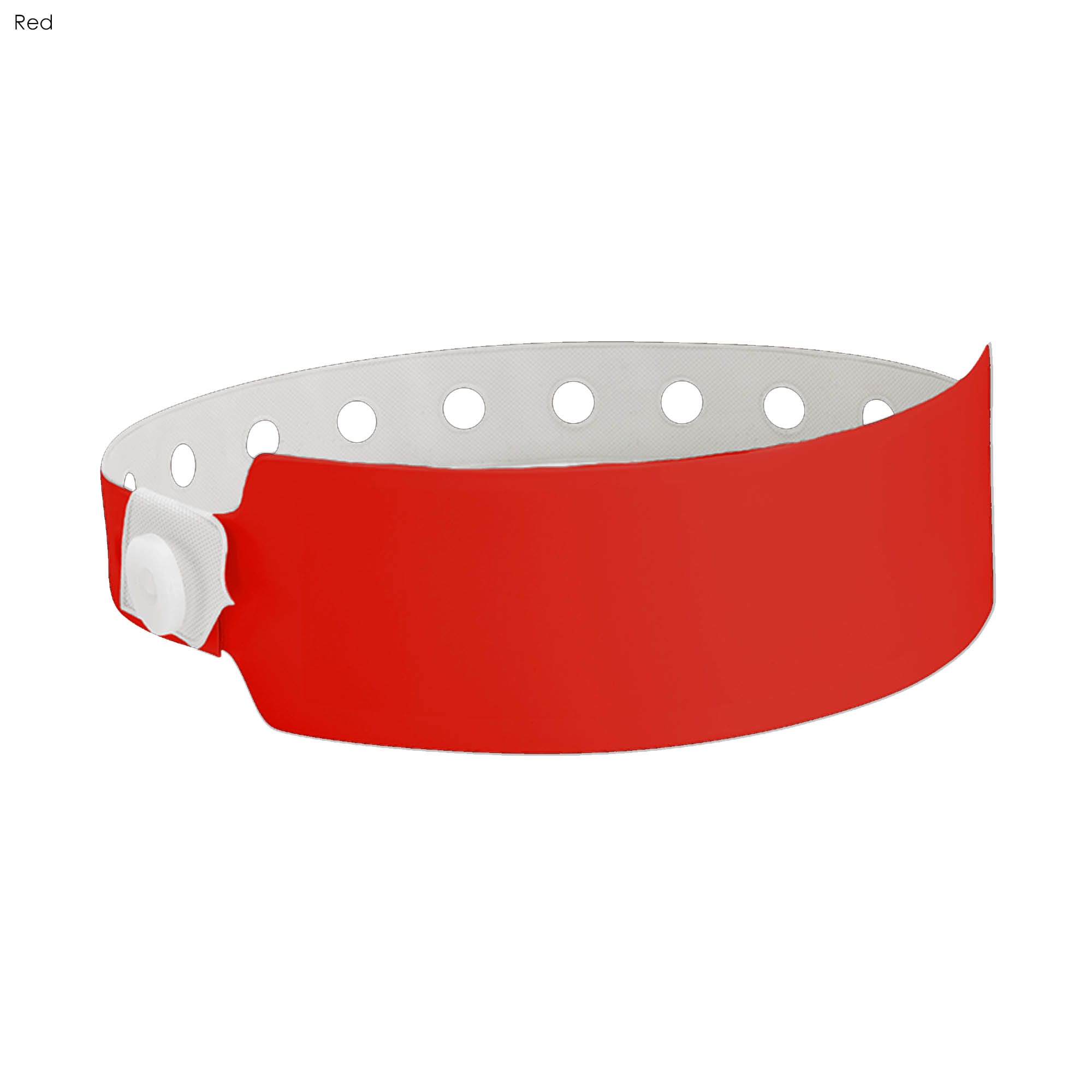 A red vinyl wristband with white perforations and a snap closure, featuring a logo.