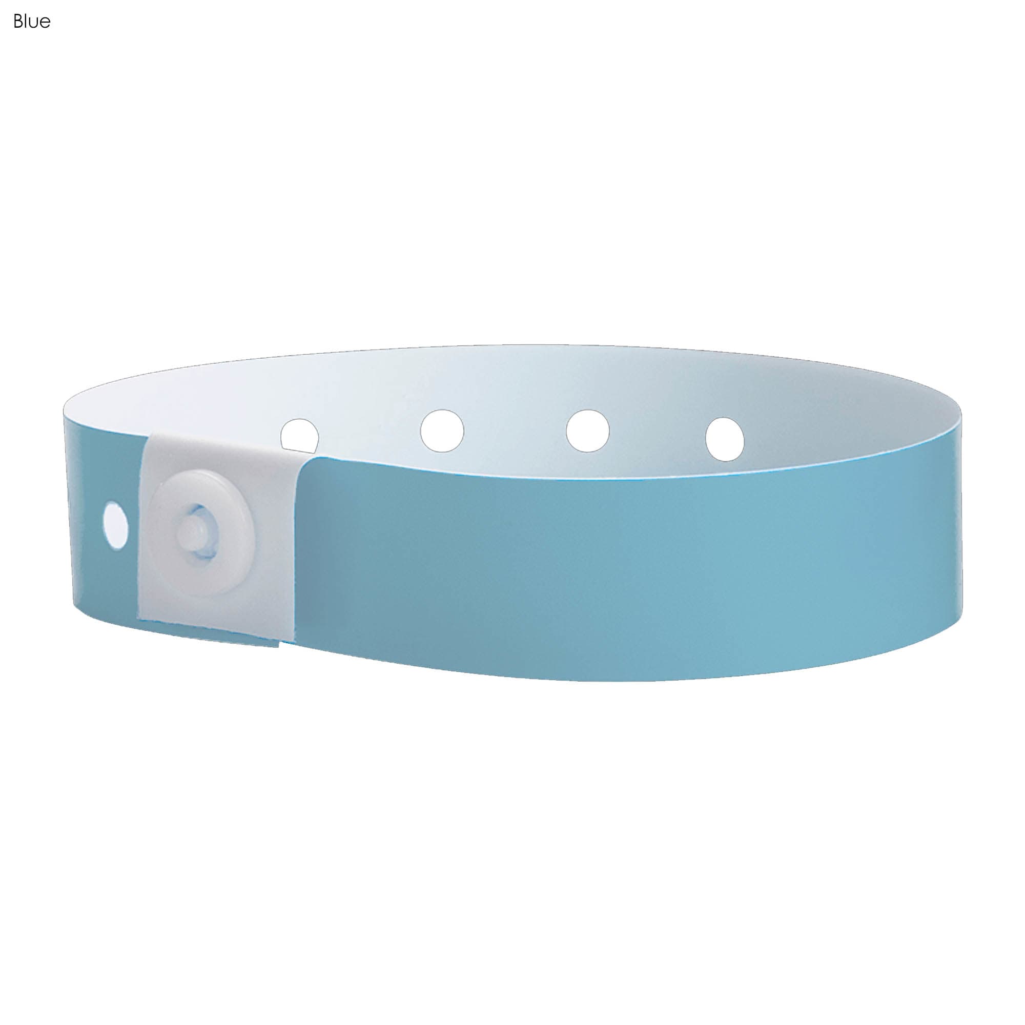 A blue vinyl wristband with a button snap closure and circular holes for adjustment. Features a logo on the band.
