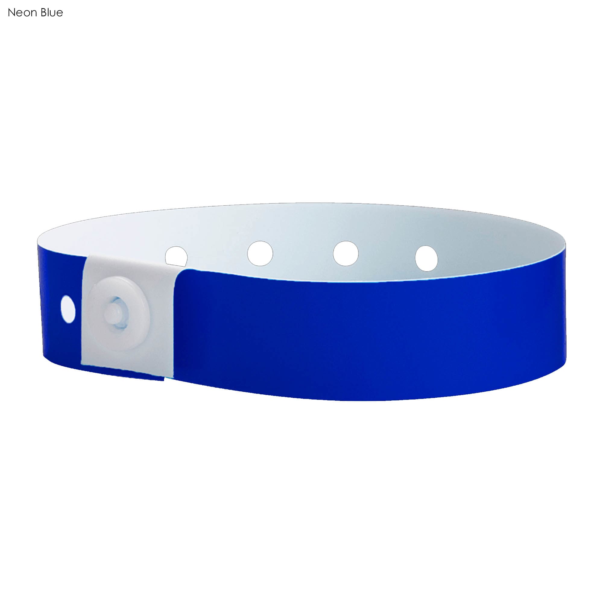 A neon blue vinyl wristband with adjustable holes and a white snap closure. It features a branding logo.