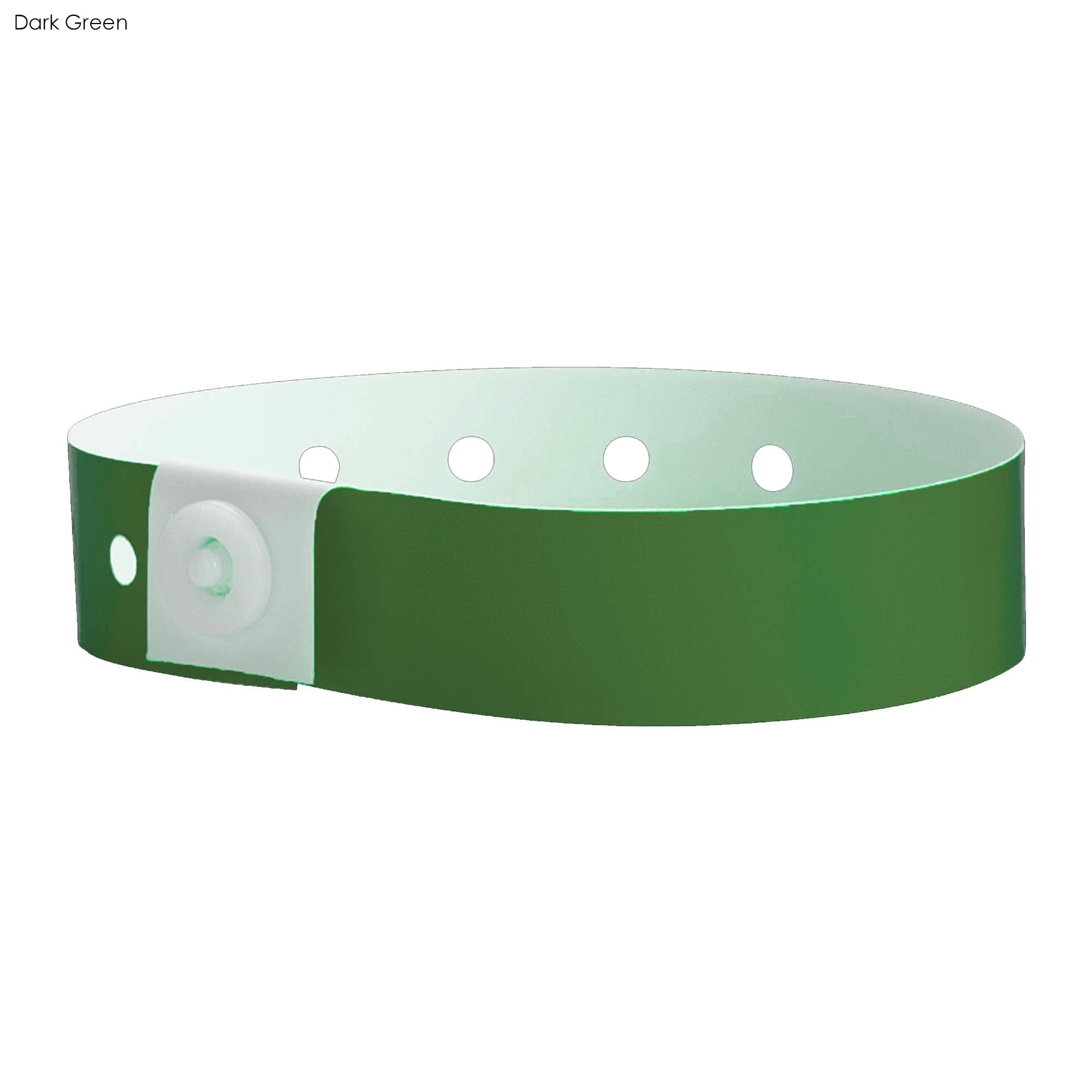 A dark green vinyl wristband with a secure fastening and multiple holes for adjustment. It has a logo present.