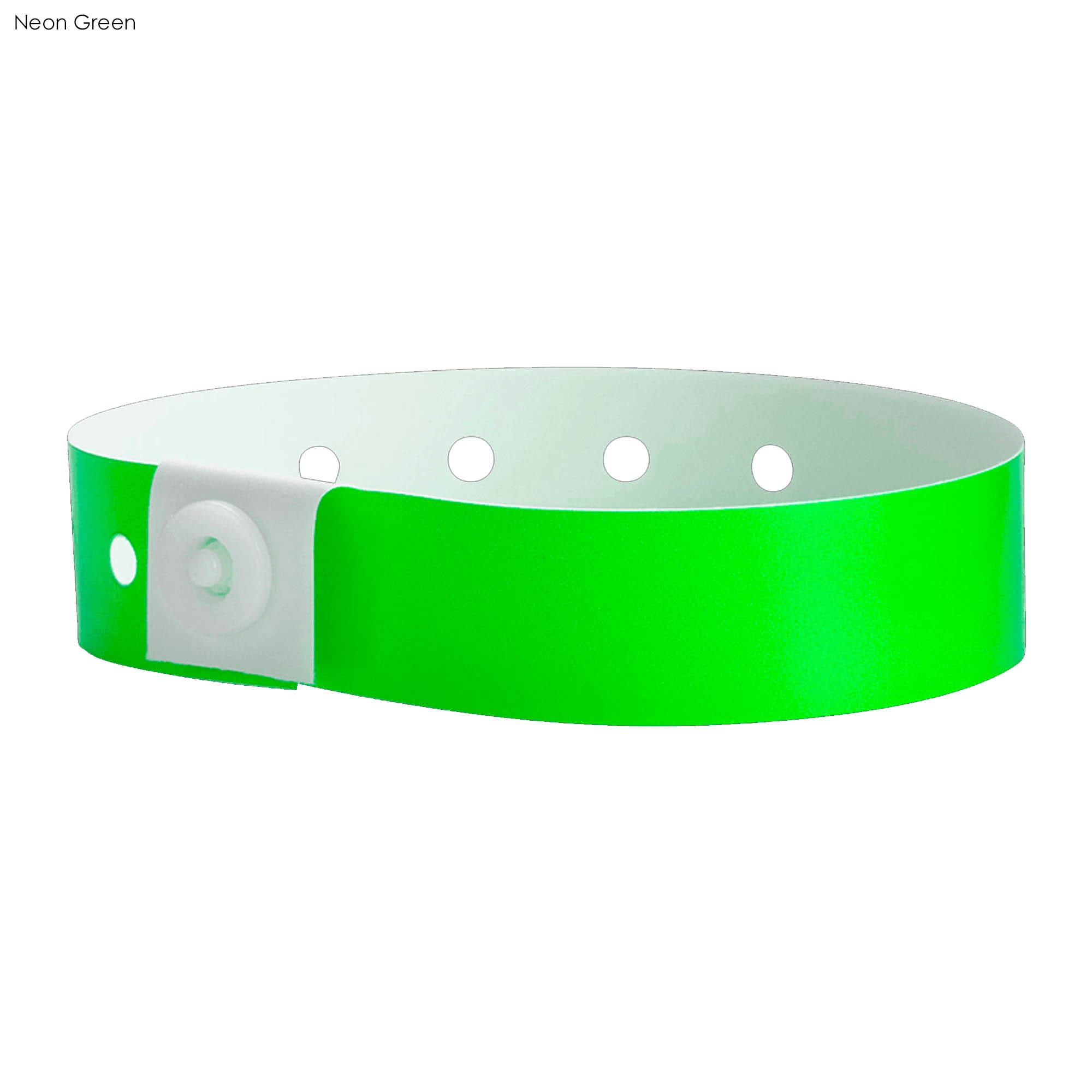 A neon green vinyl wristband featuring a locking mechanism and several ventilation holes. It has a branded logo.