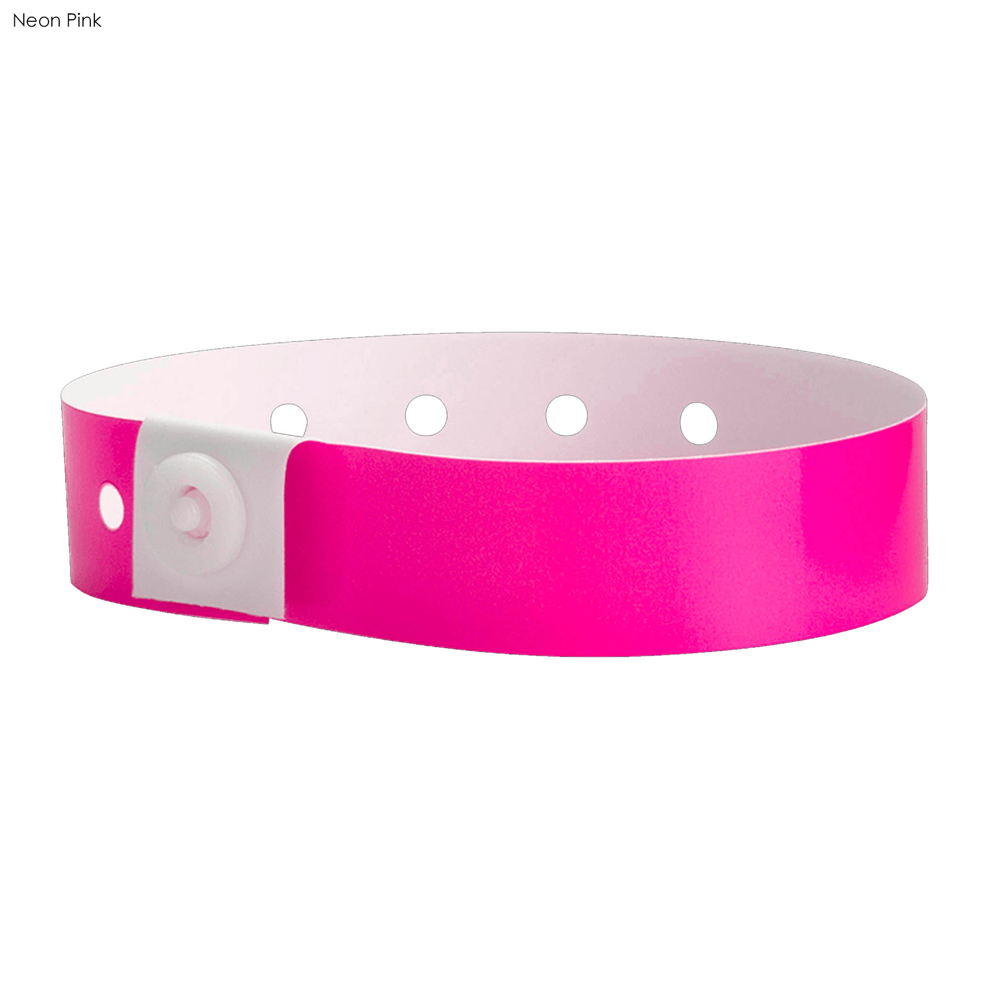 A neon pink vinyl wristband with holes and a snap fastener, featuring a logo or branding.