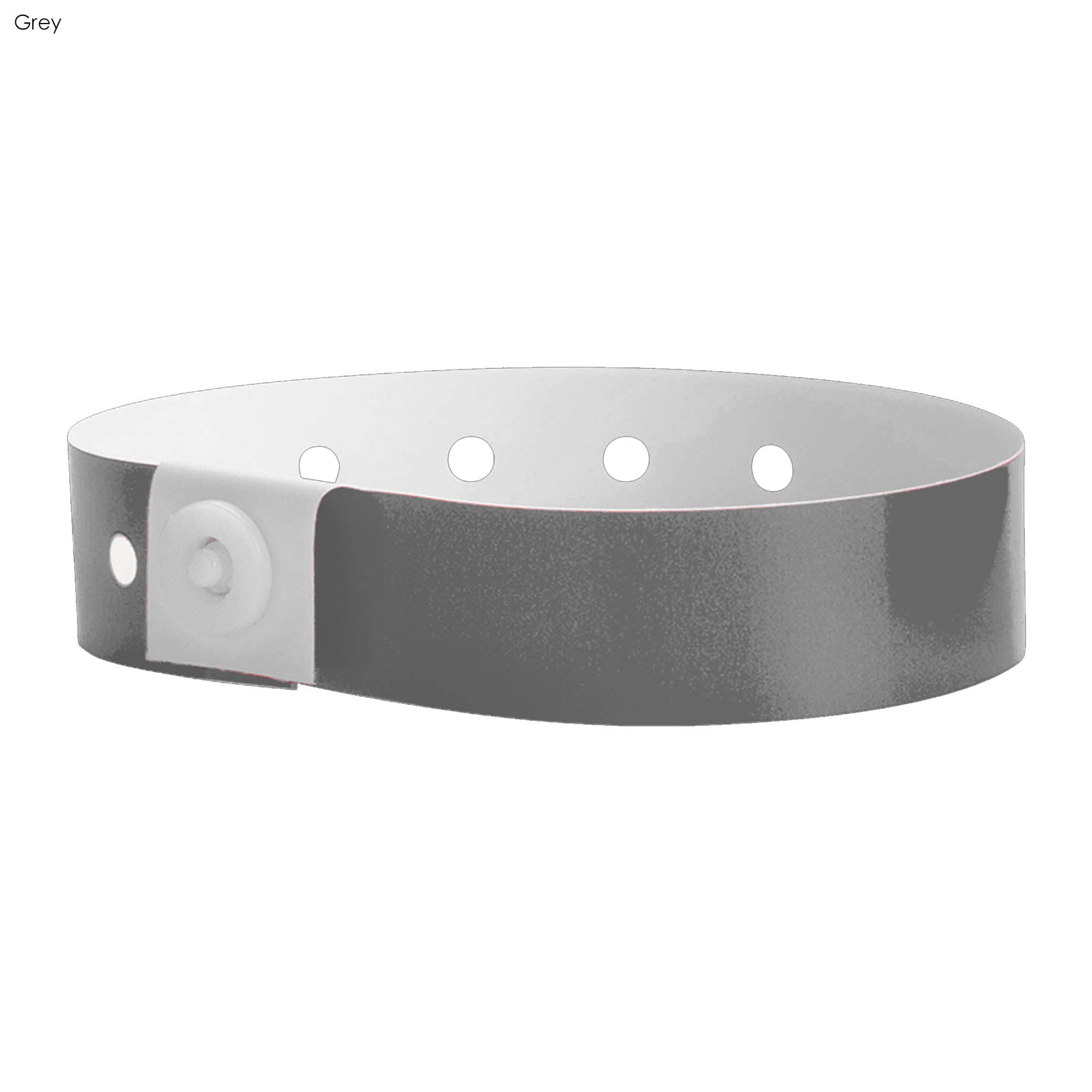 A grey vinyl wristband with a snap closure and multiple holes for adjustment. It features a logo.