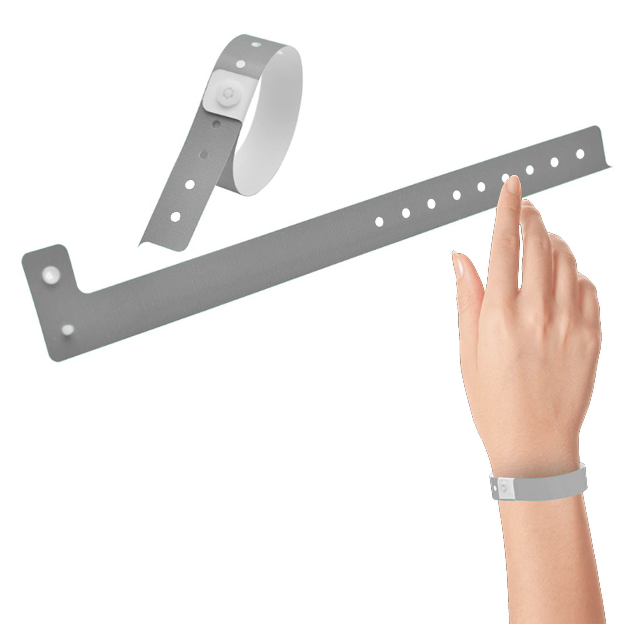 A grey vinyl wristband with a button closure, displayed on a hand and lying flat next to it.