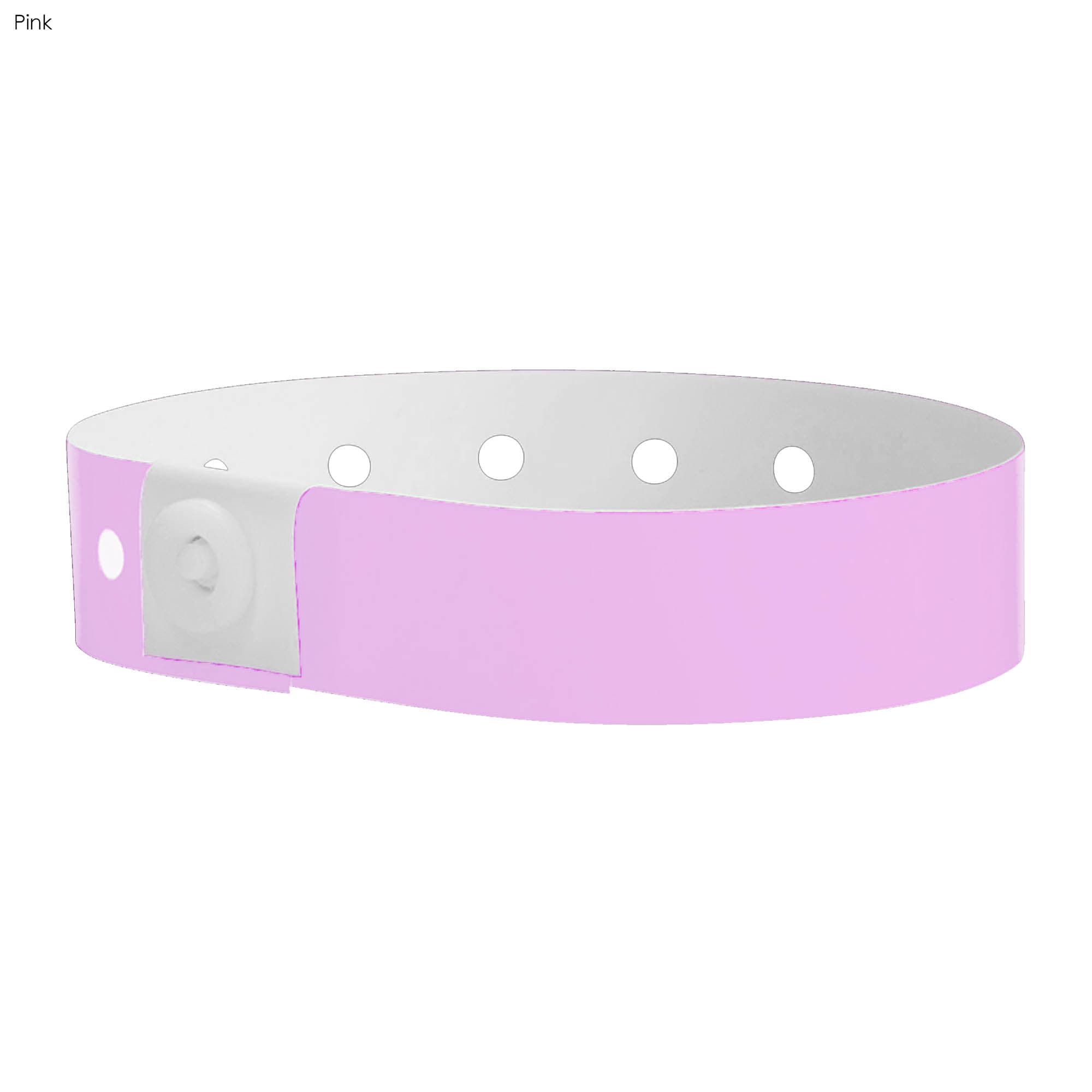 A pink vinyl wristband with holes and a plastic fastener, featuring a logo. Ideal for events and exhibitions.