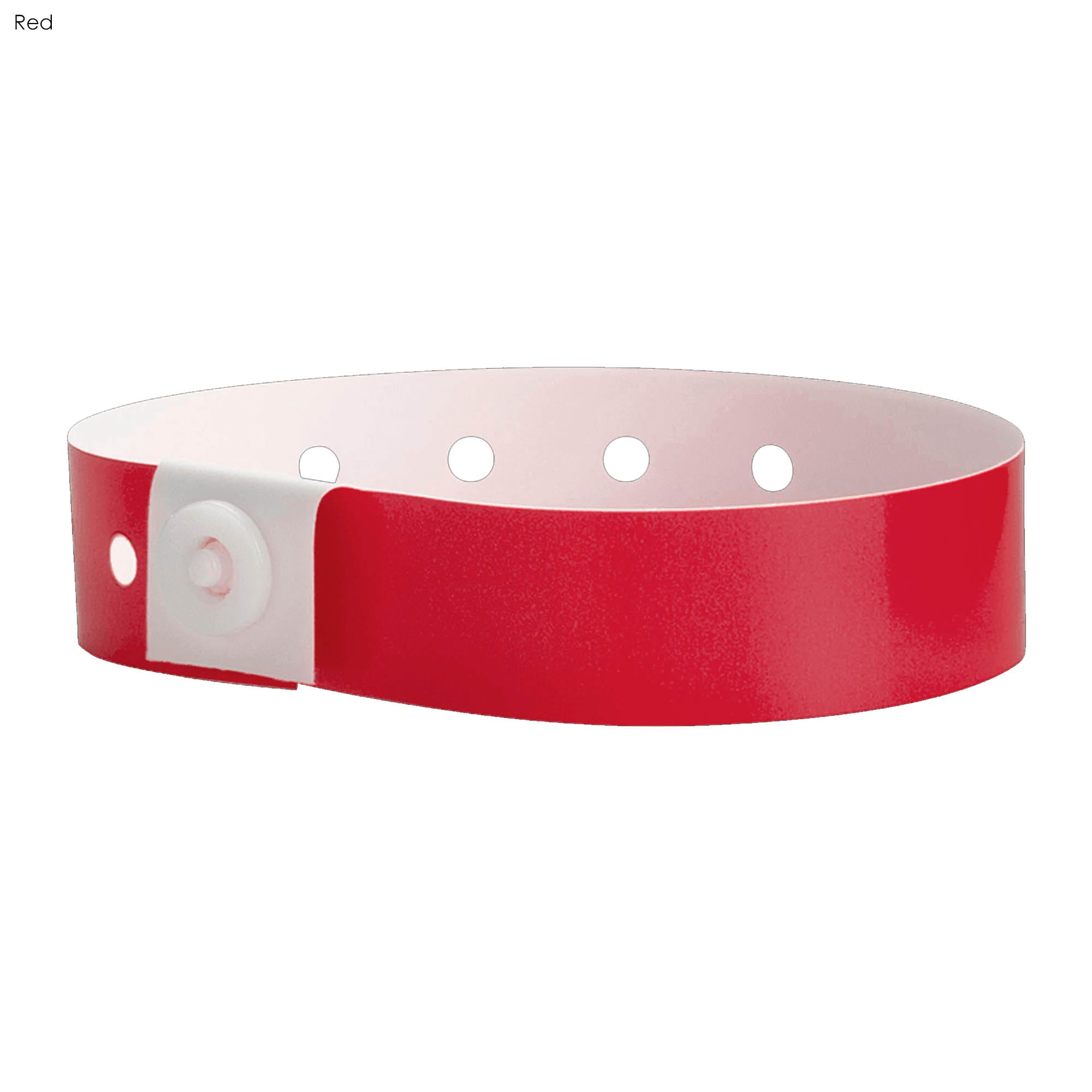 A red vinyl wristband with a white adjustable snap and holes for sizing, designed for events and exhibitions.