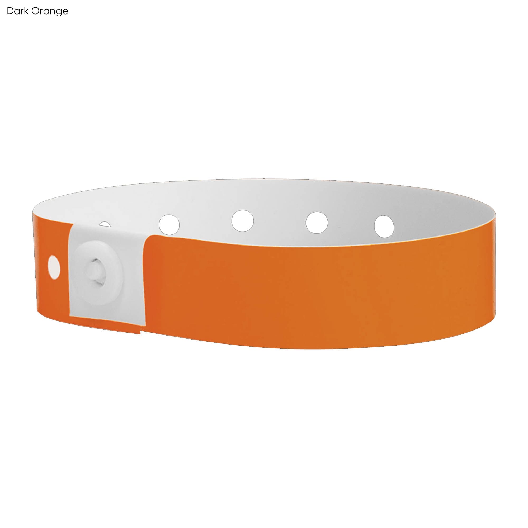 A dark orange vinyl wristband with a white connector and holes for adjustment. Features a branding logo.
