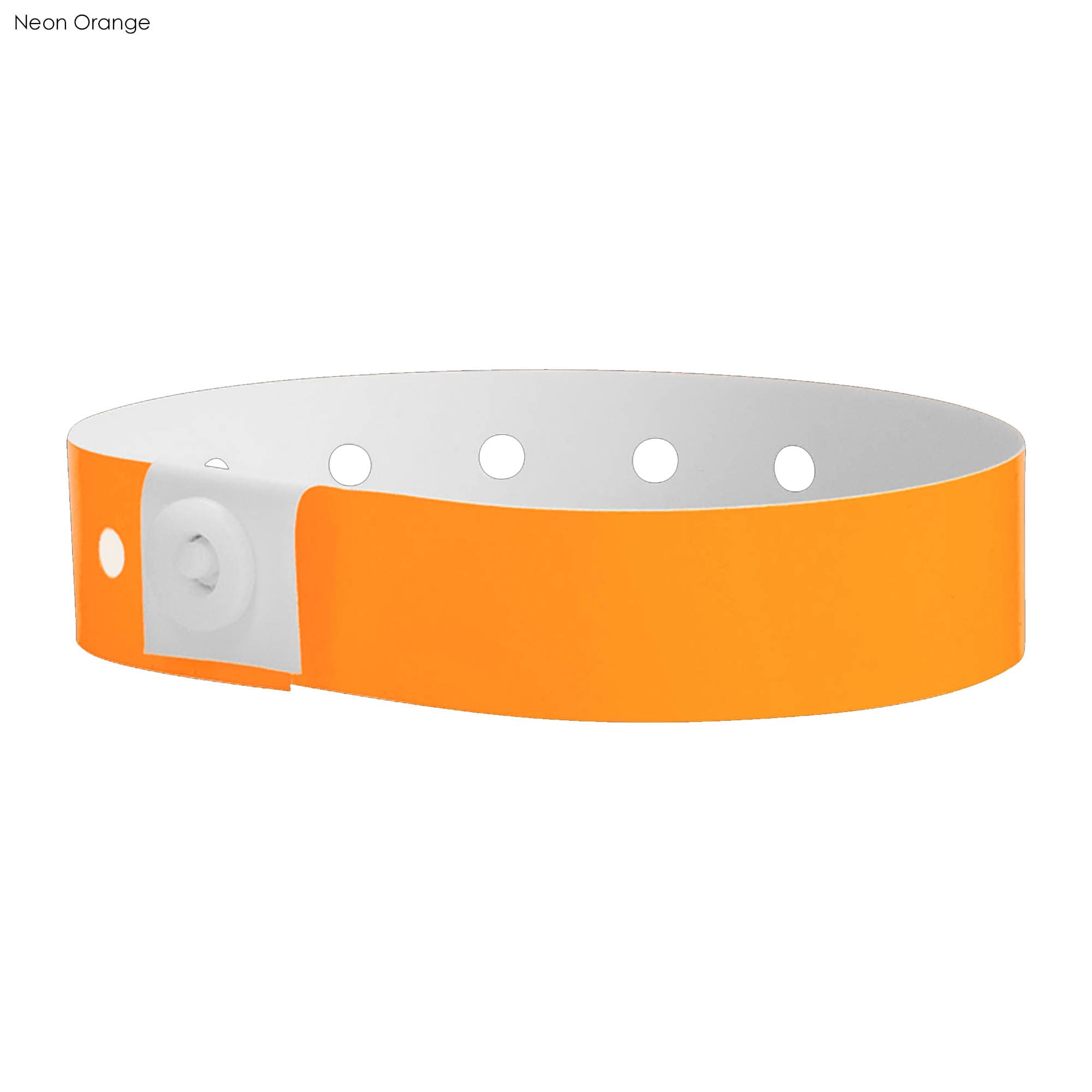 A neon orange vinyl wristband with white fastening and holes for adjustment. It features a logo.