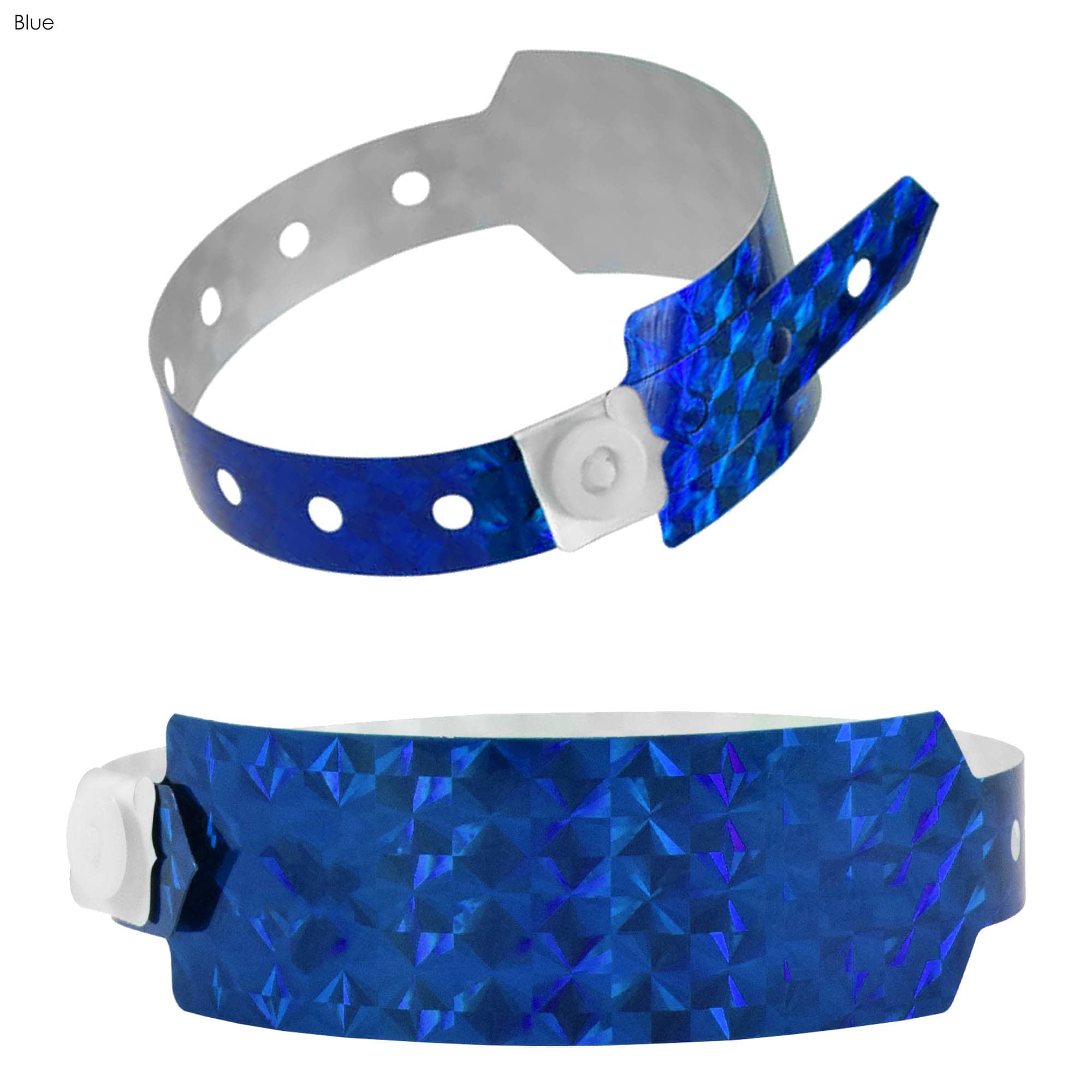 A blue holographic wristband with a unique textured design and snap fastening. Features multiple holes for size adjustment.
