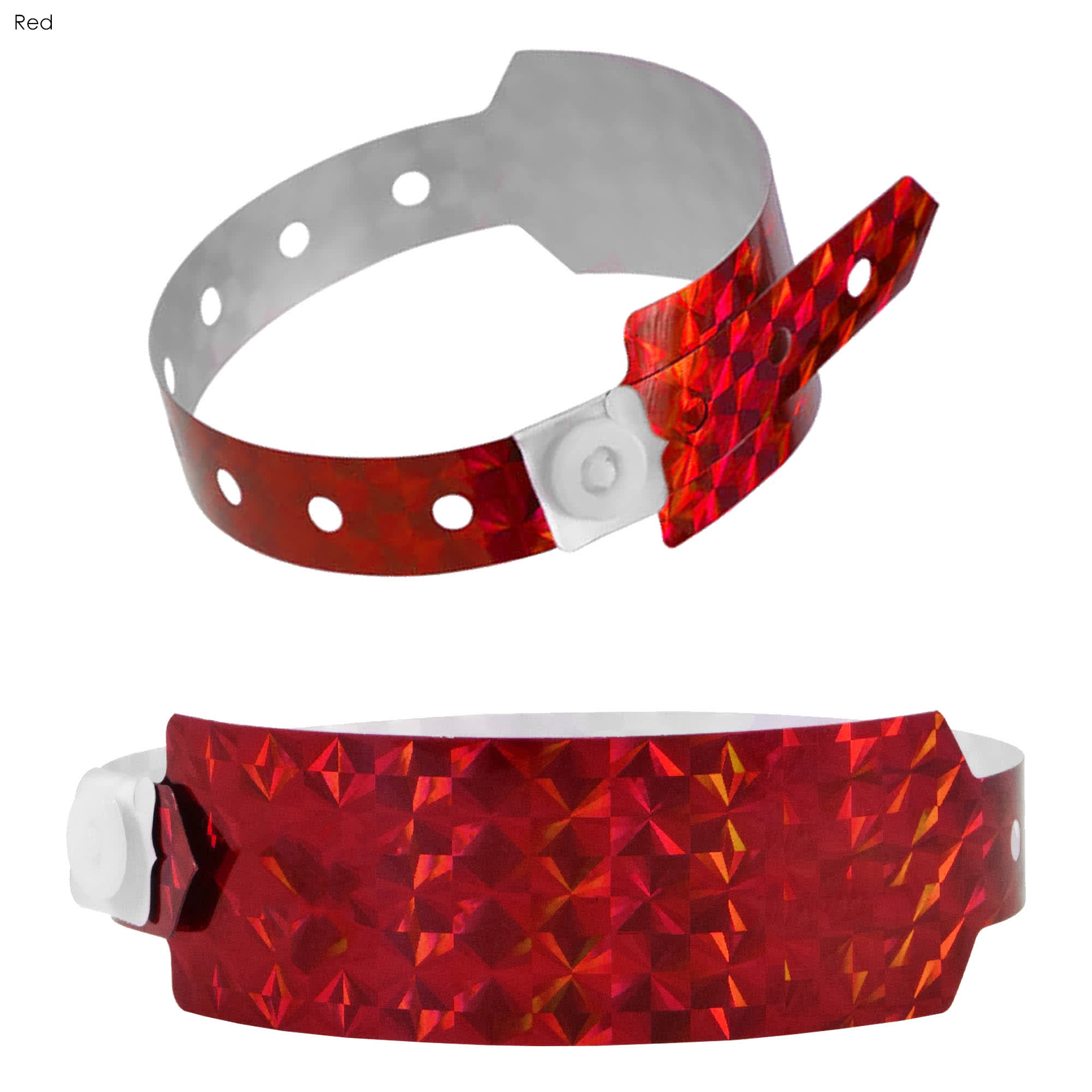 A red holographic wristband featuring a diamond pattern, secured with a white plastic fastener.