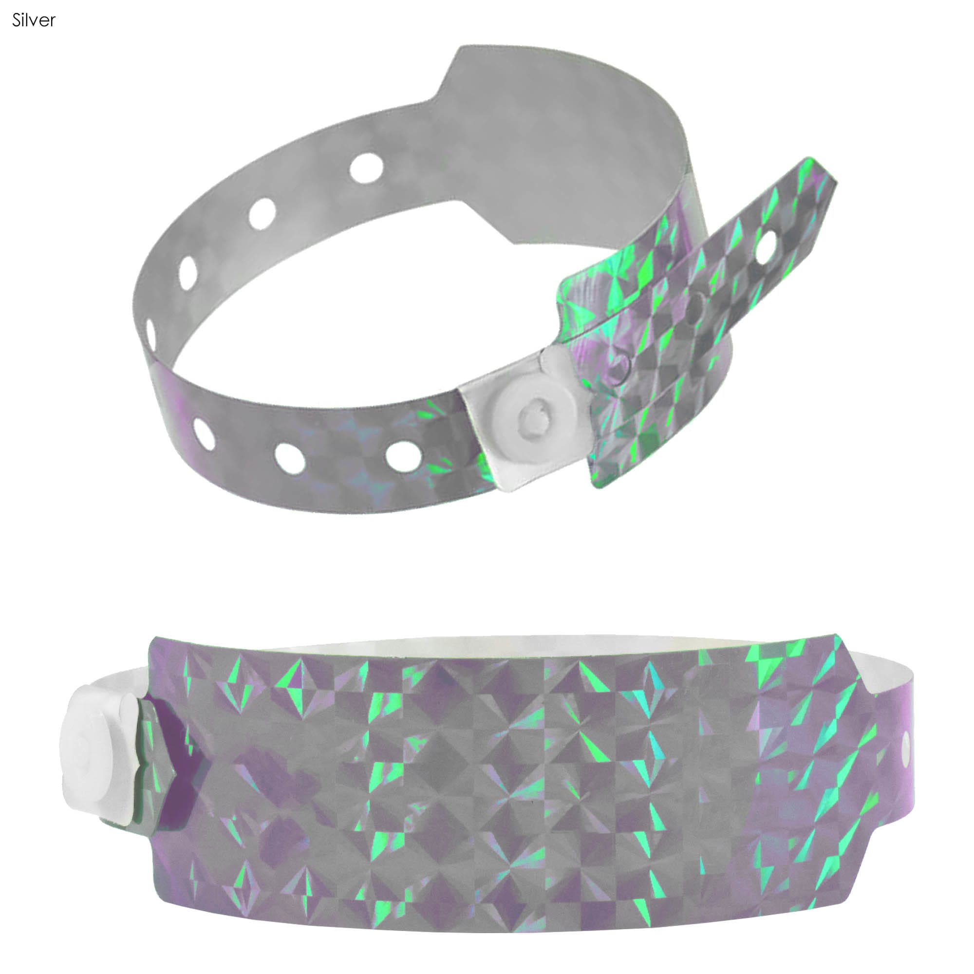 Holographic silver wristband with a reflective surface and adjustable snap closure, featuring a logo.