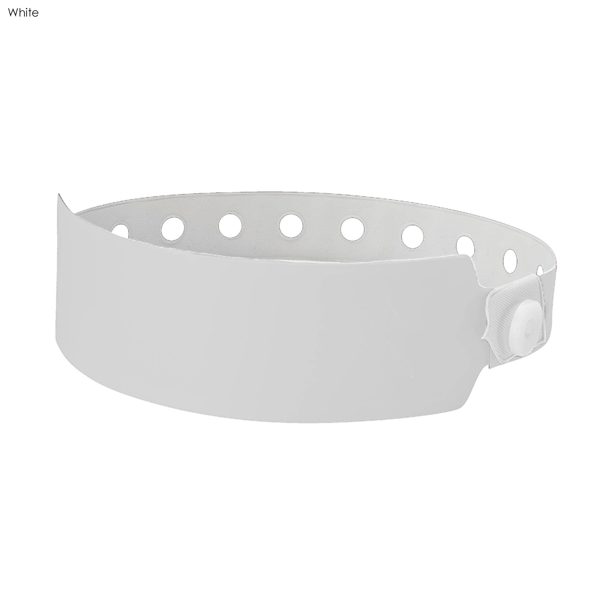 A white plastic wristband with perforations and a snap closure, designed for events and exhibitions.