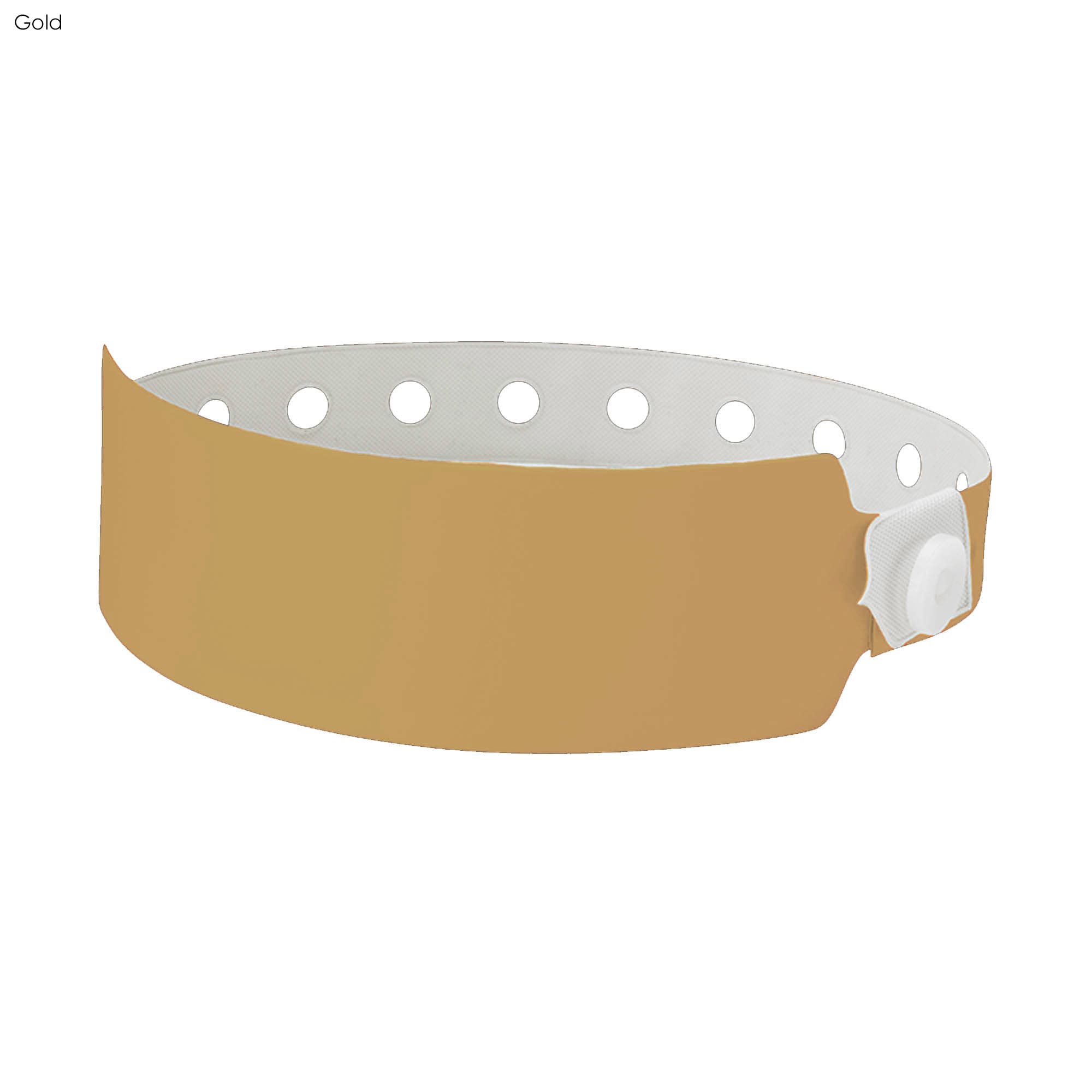 A gold plastic wristband with white perforations and a snap closure, suitable for events and exhibitions.