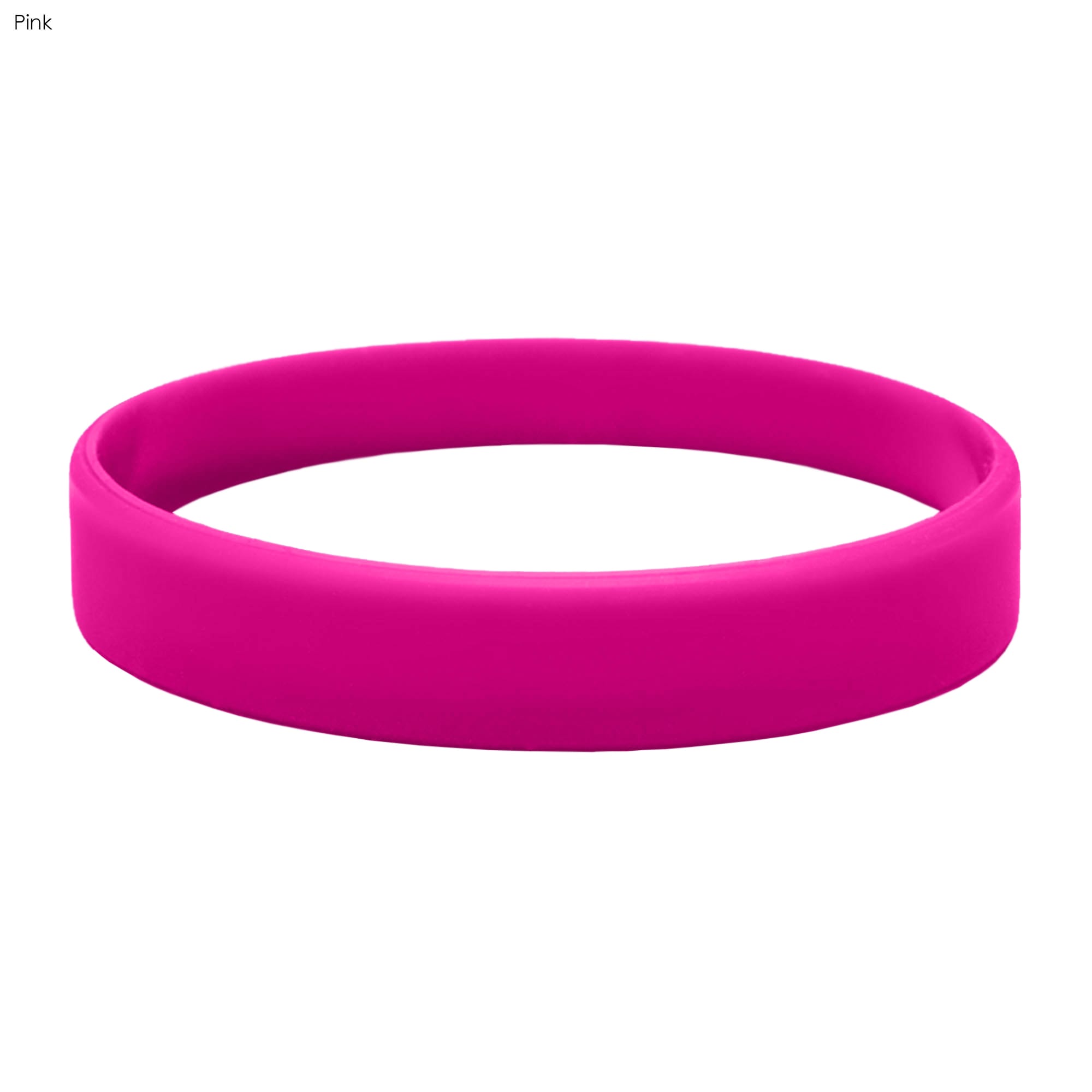 A pink silicone wristband with a smooth, circular design and a branding logo.