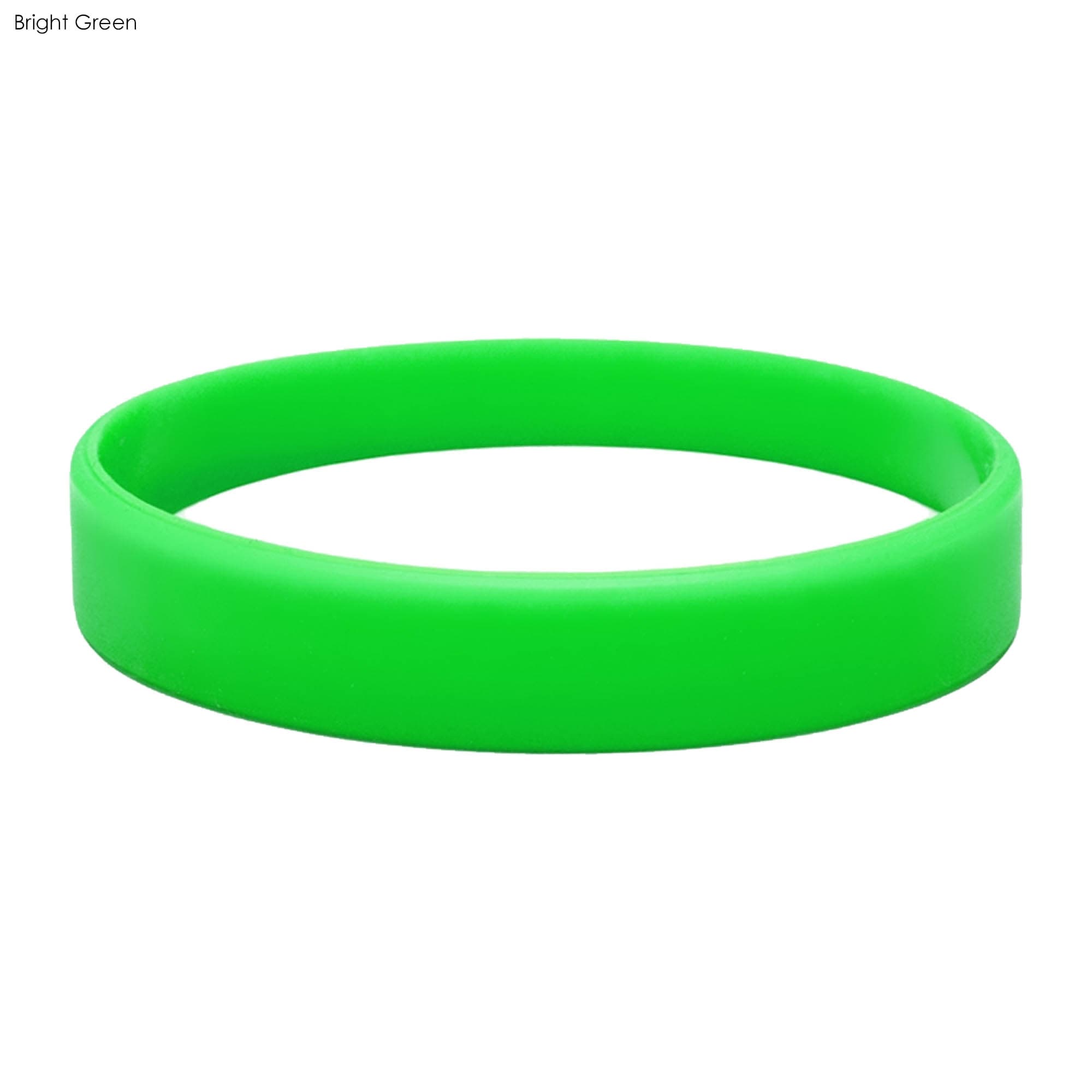 A bright green silicone wristband with a smooth surface and a rounded design. It features a logo.
