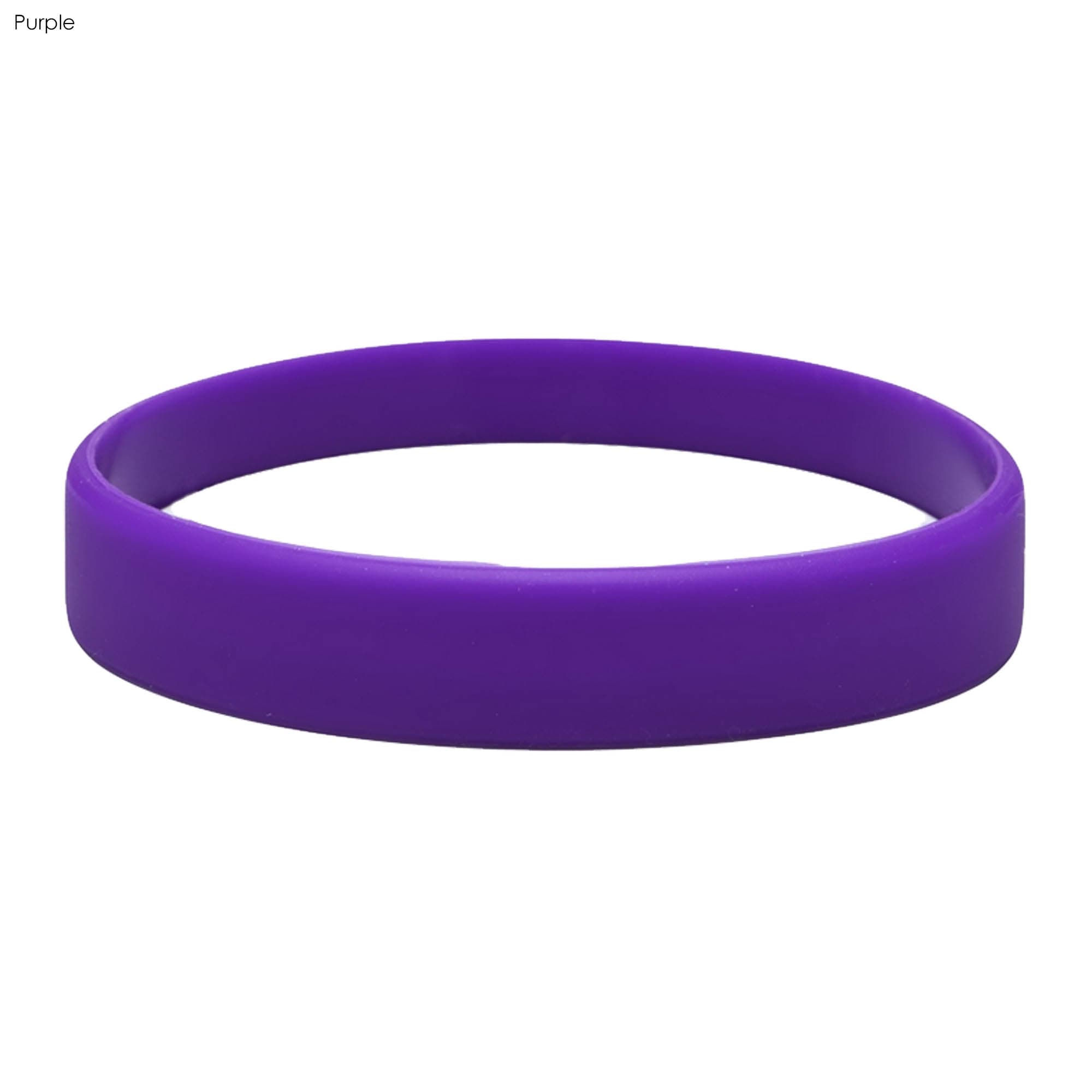 A purple silicone wristband with a smooth finish, featuring a branding logo.