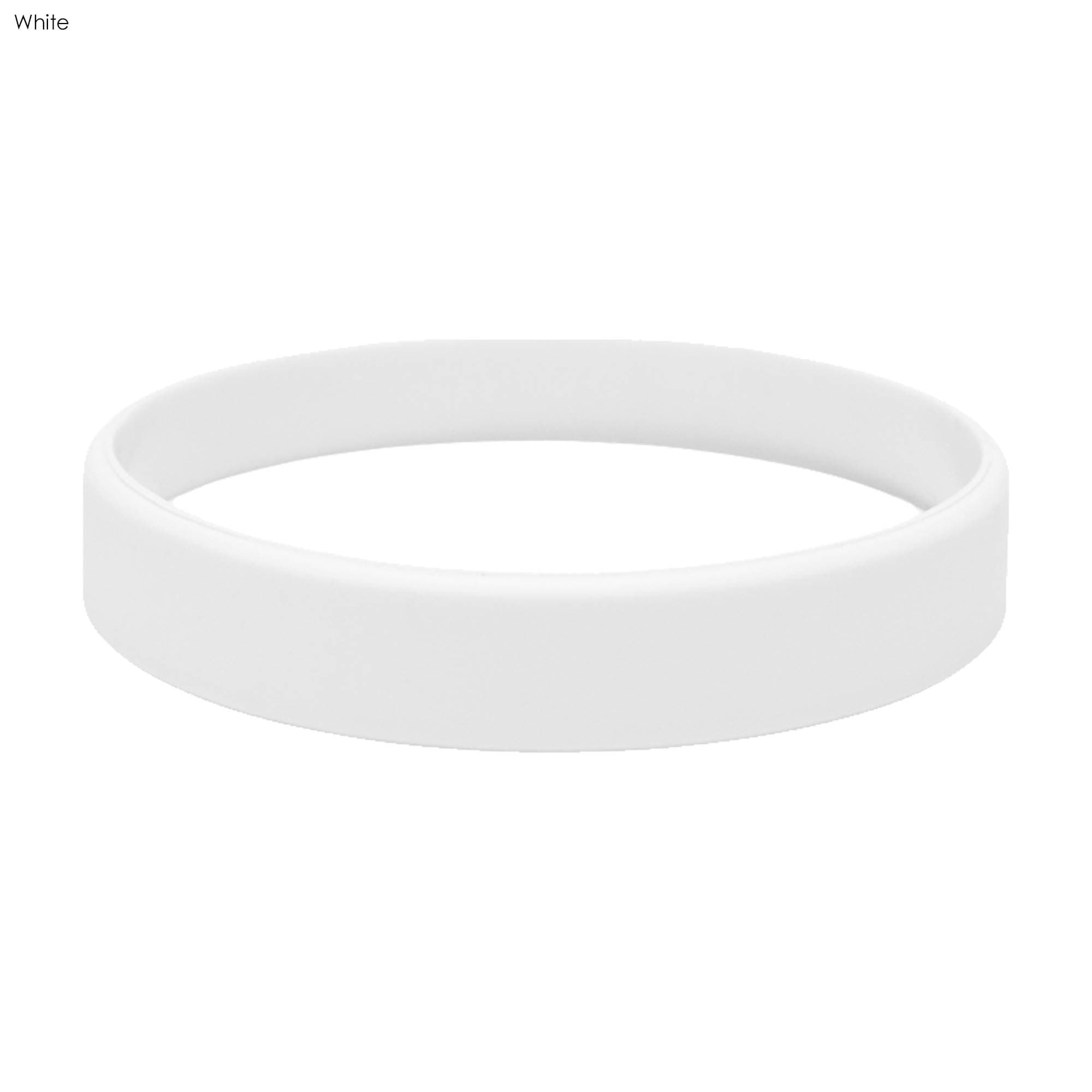 A white silicone wristband with a smooth finish and a simple design, featuring a logo.