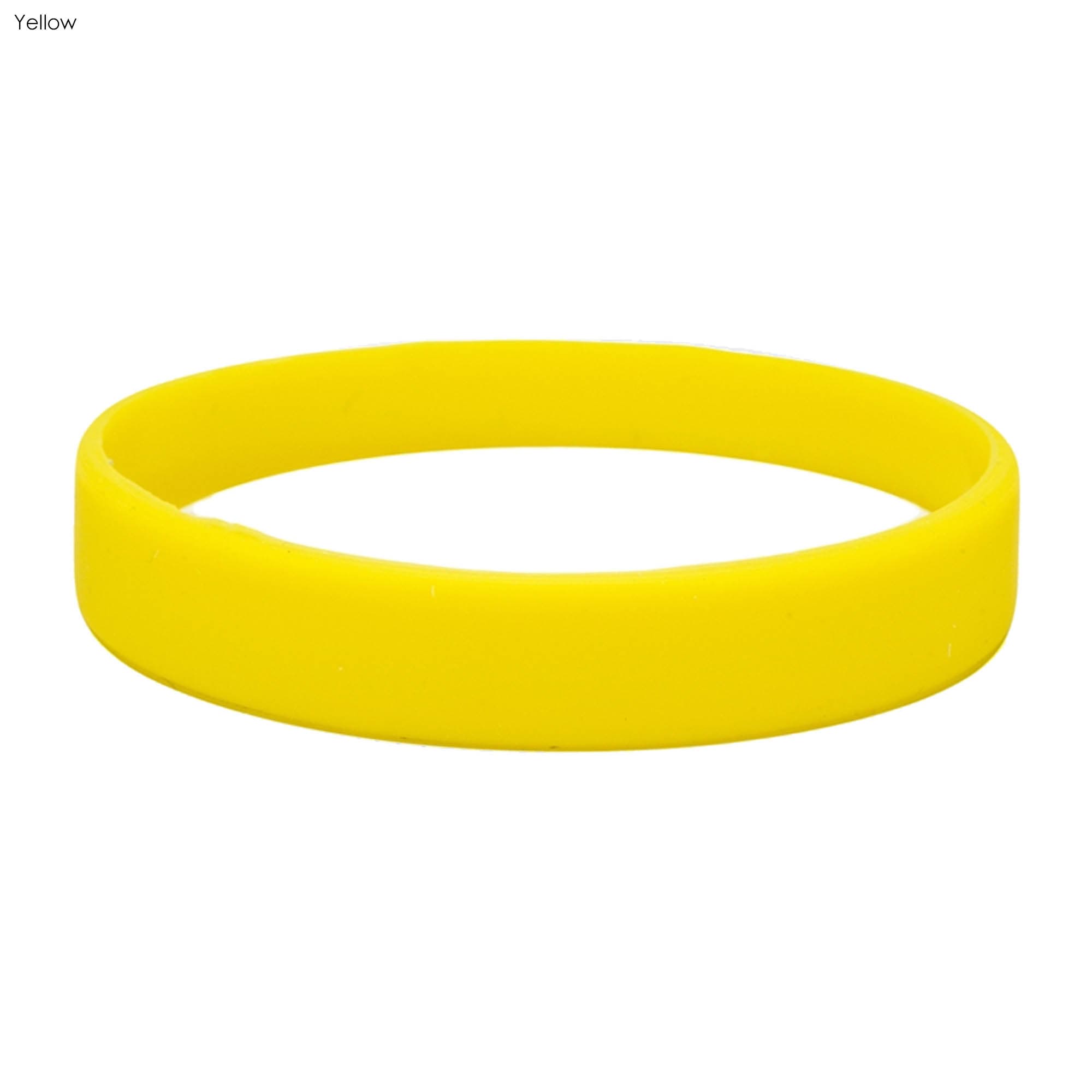 A yellow silicone wristband with a smooth finish and a circular shape, featuring a logo.