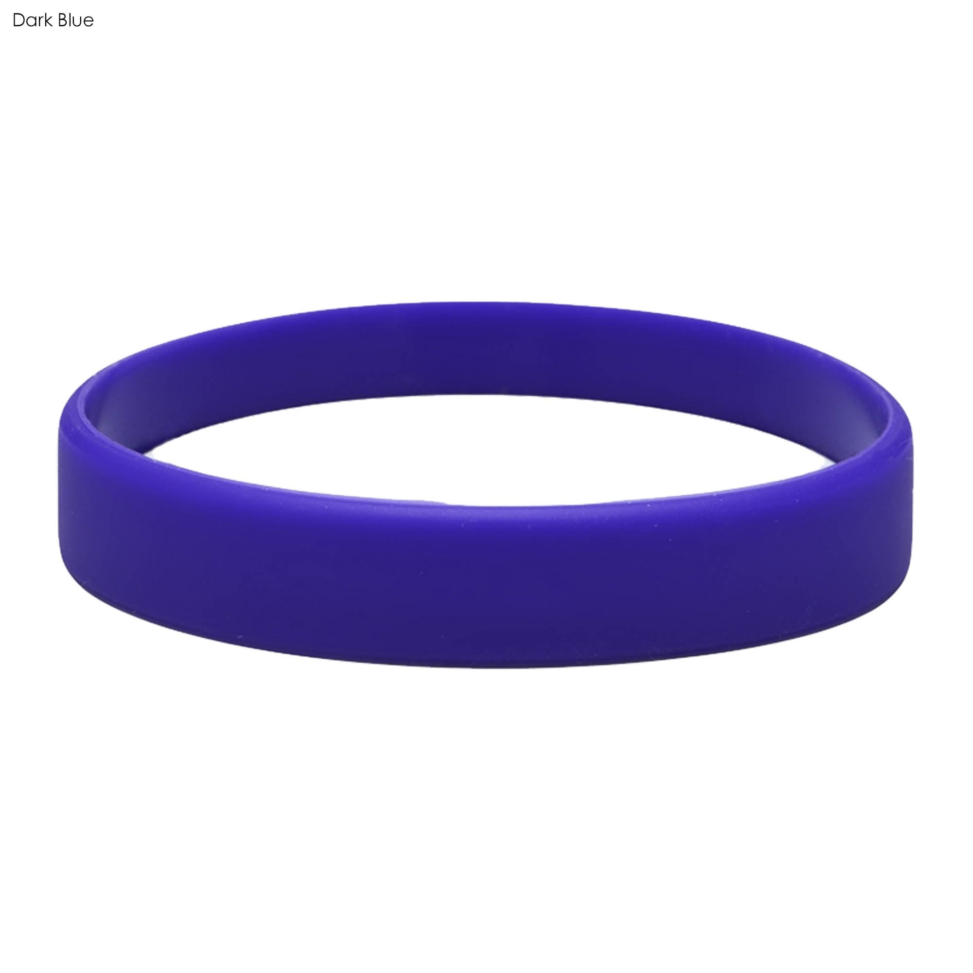 A dark blue silicone wristband with a smooth finish and a slight sheen, featuring a logo.