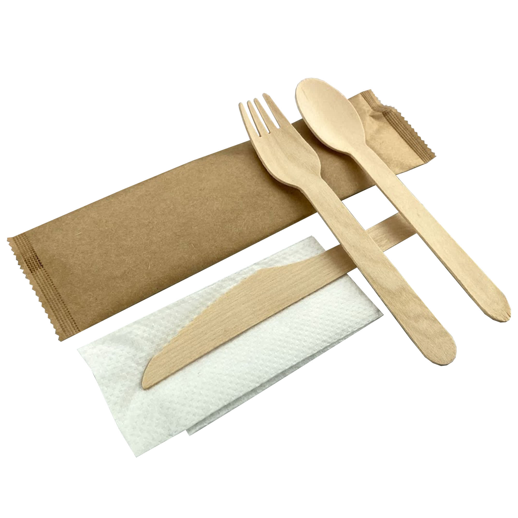 A wooden cutlery set featuring a fork, spoon, knife, and napkin, all presented in environmentally friendly packaging.