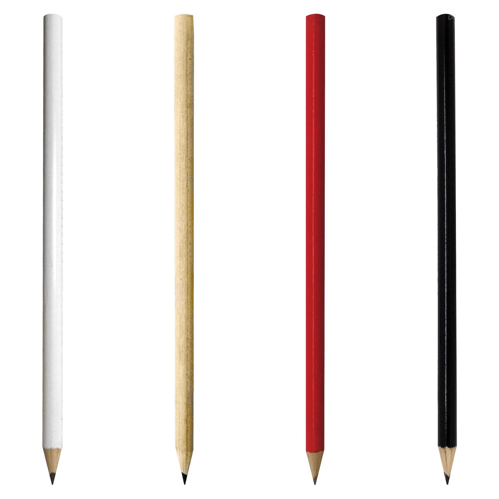 A set of four wooden pencils in white, natural wood, red, and black, each with a sharpened tip.