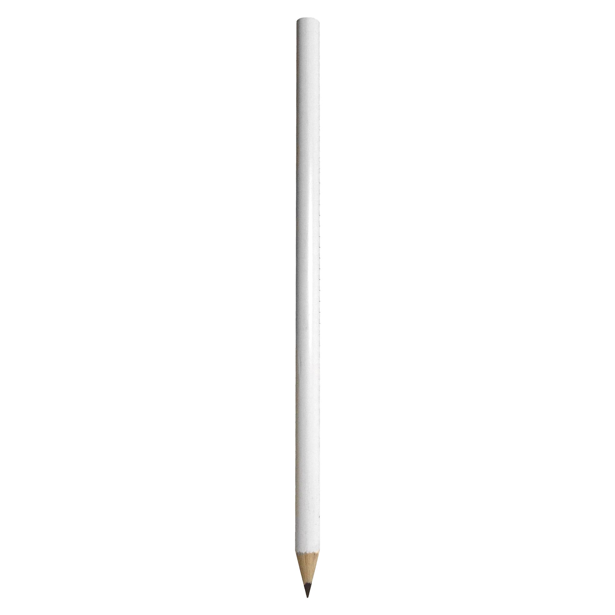A white wood pencil with a sharpened grey lead tip, featuring a simple design.