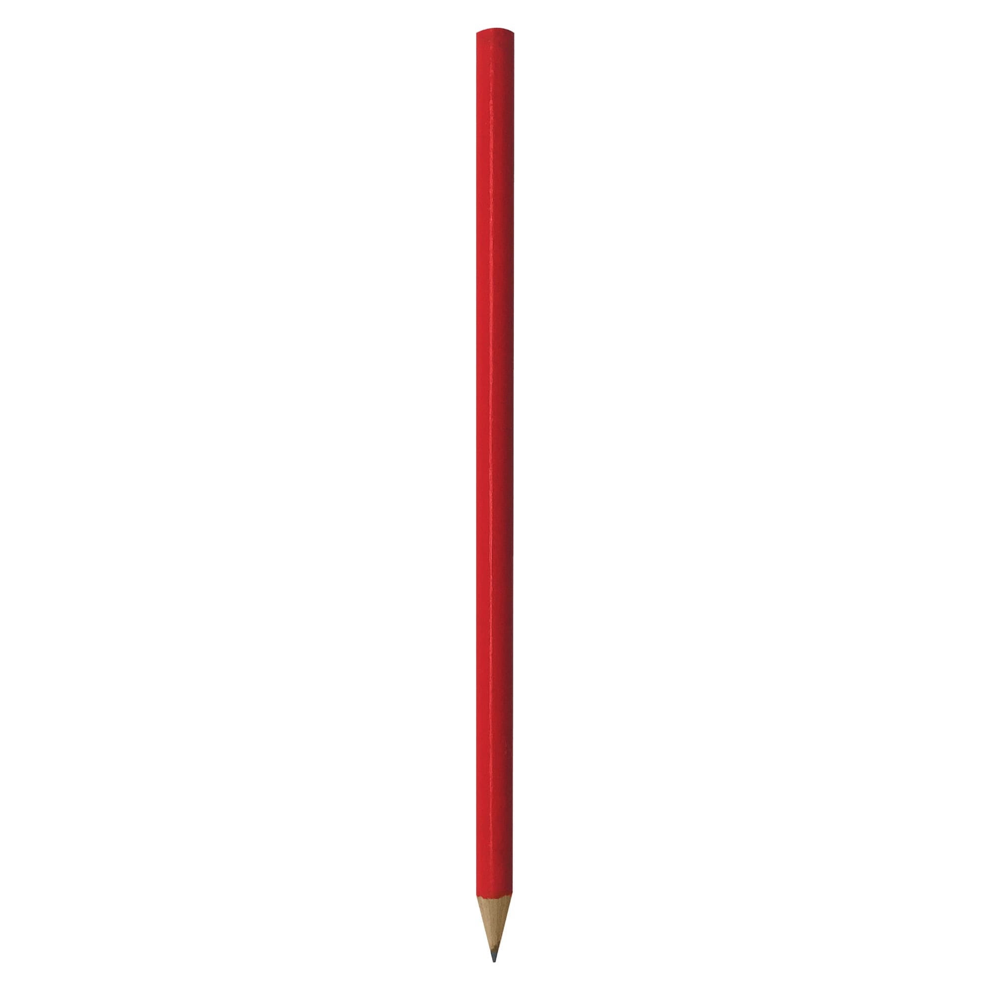 A red wood pencil featuring a sharpened tip and a wooden body, with a logo on the side.