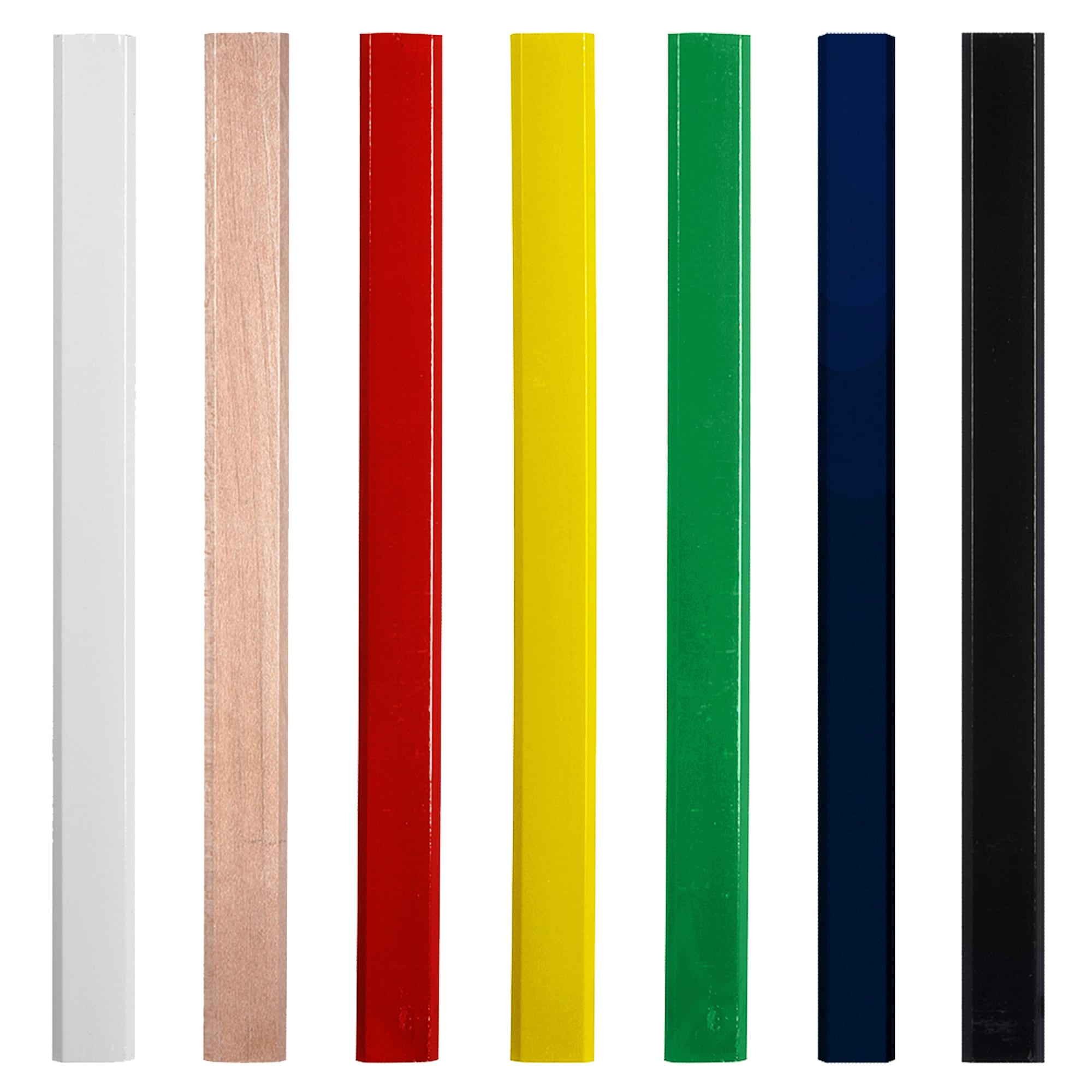 A set of carpenter pencils in various colours: white, natural wood, red, yellow, green, blue, and black.