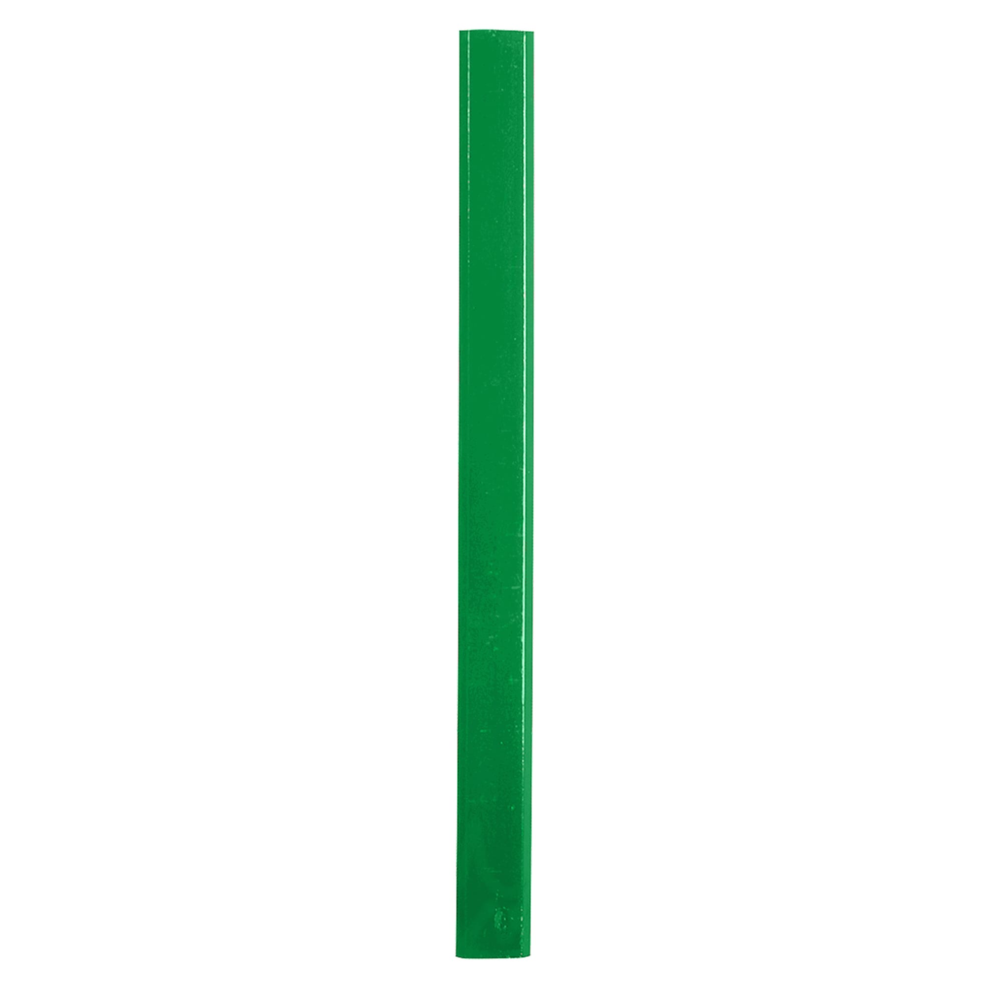 A green carpenter pencil with a smooth finish and a tapered point. It features a branding logo.