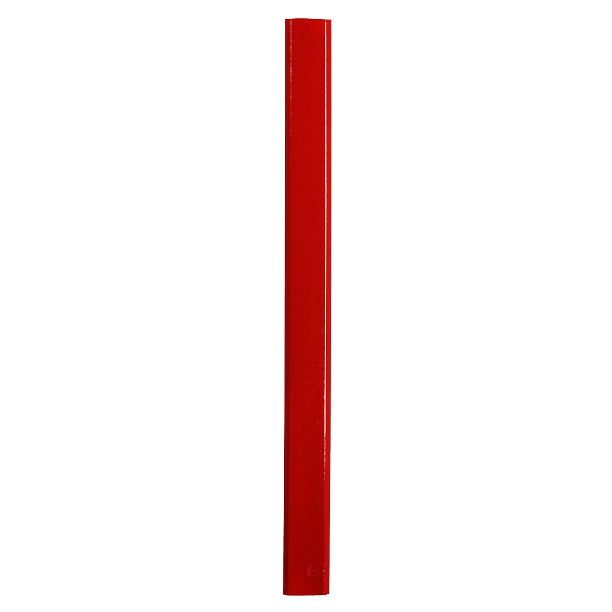 A red carpenter pencil with a smooth, glossy finish and a pointed tip. Features a branding logo.