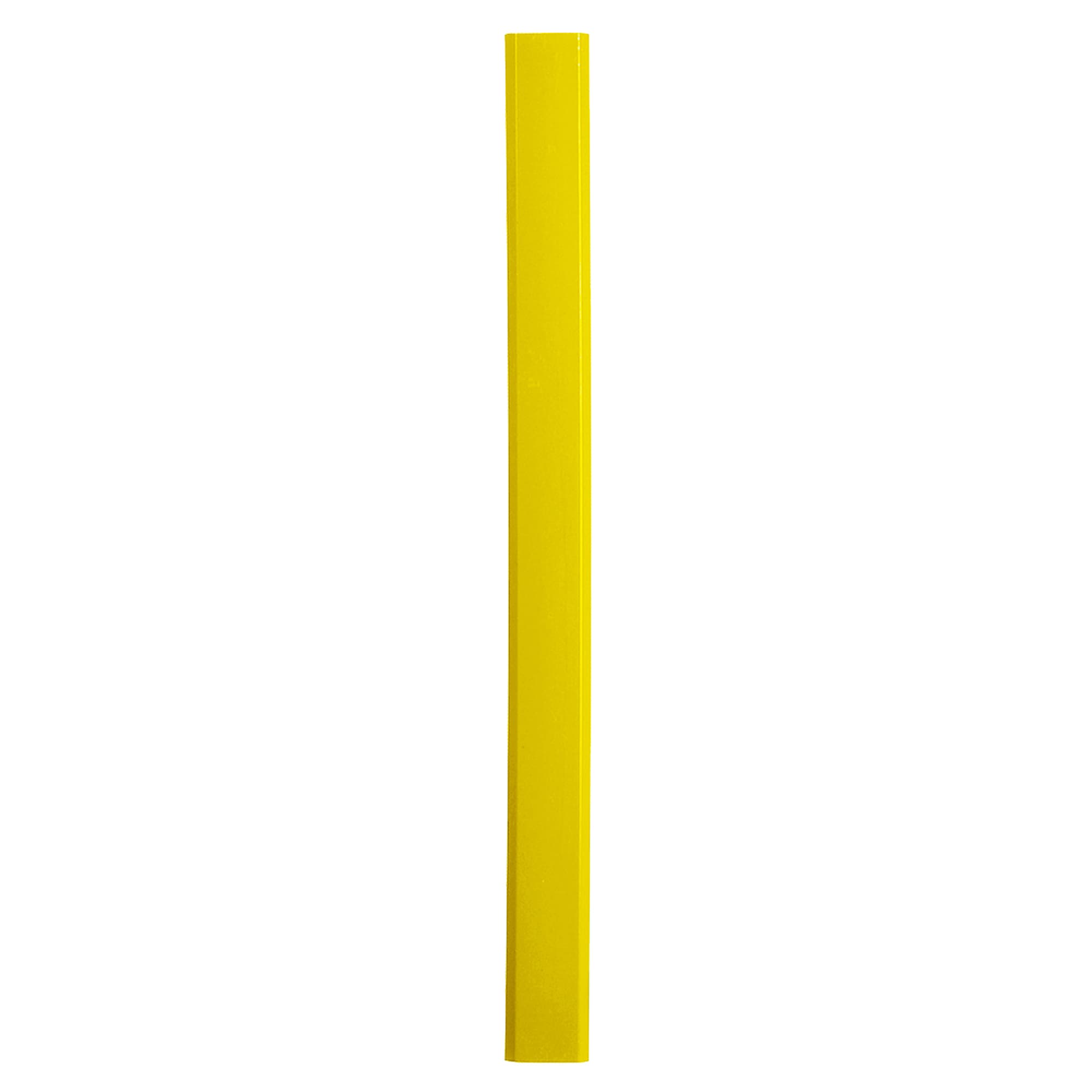 A yellow carpenter pencil with a rectangular shape and a smooth finish. It has a logo on its surface.