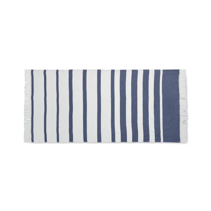 A striped towel featuring alternating navy blue and white stripes with fringed edges.
