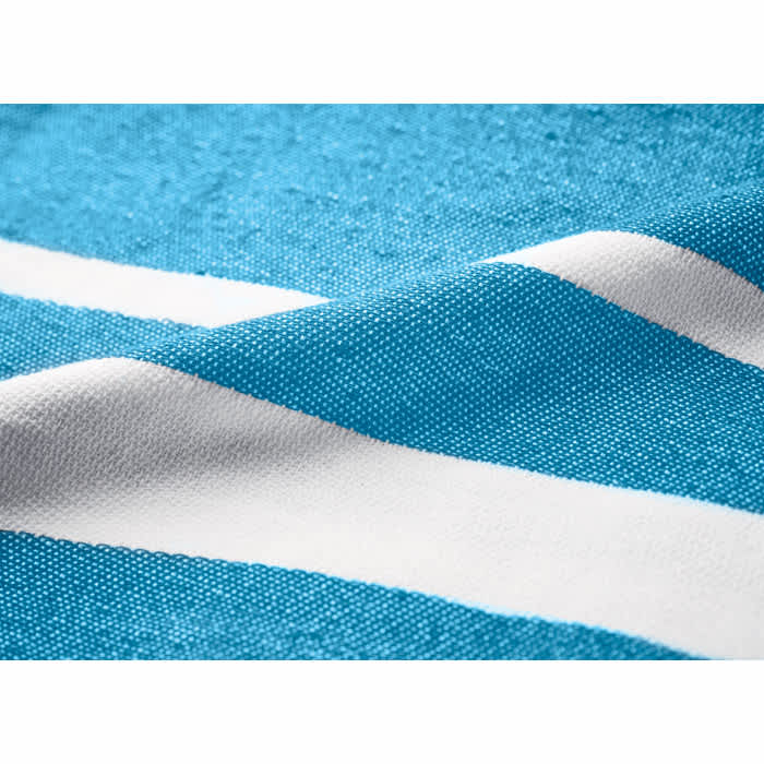 A textured fabric featuring stripes in vibrant blue and white colours, showcasing a smooth, woven pattern.