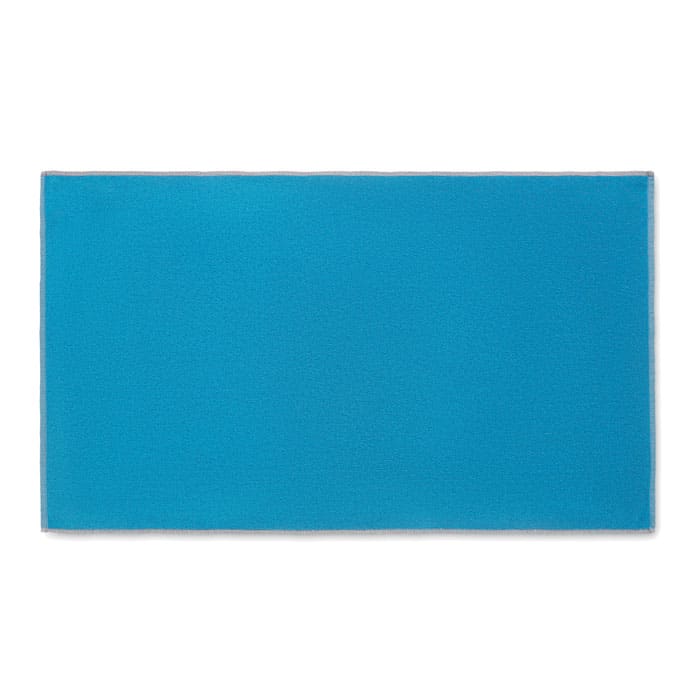 A promotional water product in a vibrant blue colour, featuring a simple design with a logo.