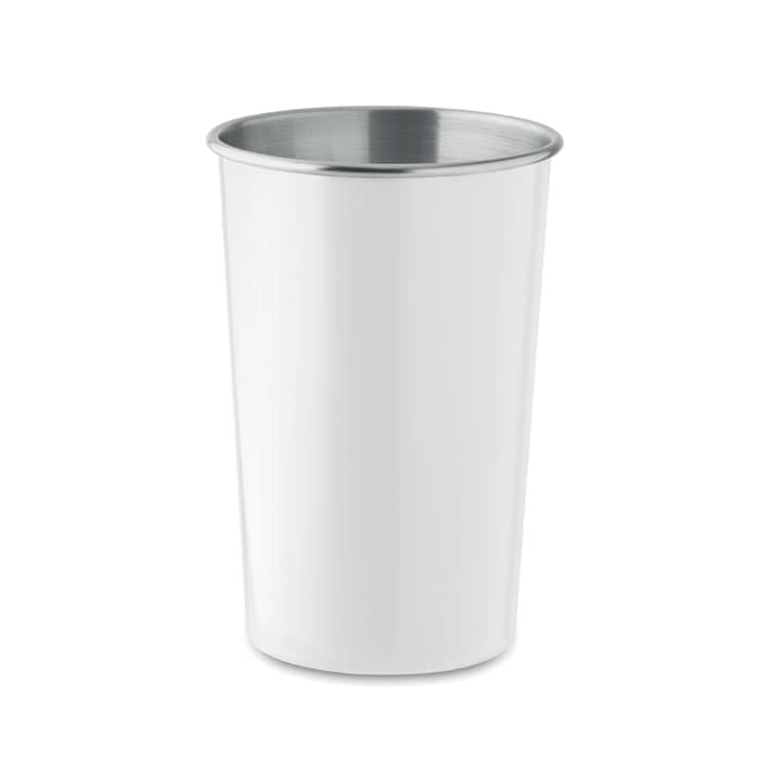 A drink bottle with a sleek white exterior and a shiny stainless steel interior. It features a simple design and a logo.