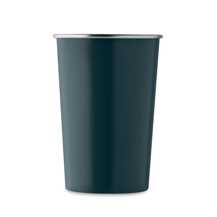 A drink bottle in a dark teal colour with a silver rim at the top. It has a simple, sleek design.