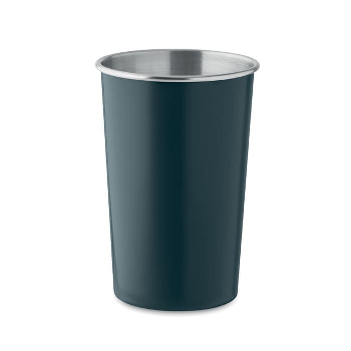 A drink bottle in dark green with a stainless steel rim, featuring a logo on its side.