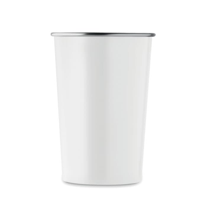 A drink bottle in white with a silver rim, featuring a simple cylindrical design.