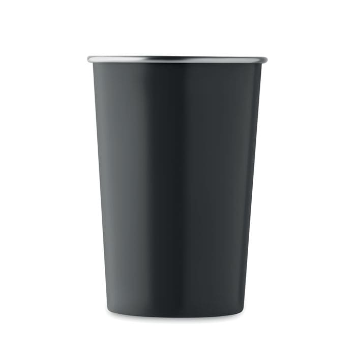 A drink bottle in matte black with a silver rim at the top. It features a logo on the surface.