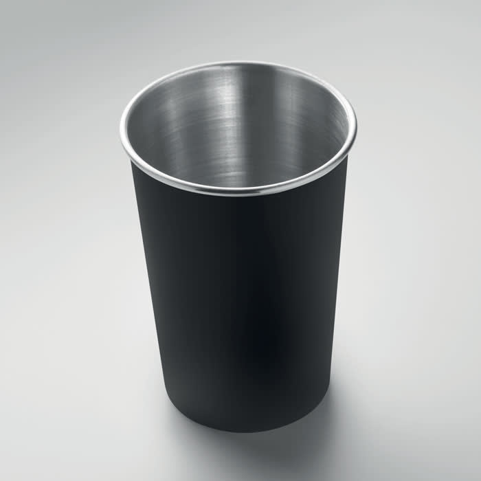 A drink bottle in matte black with a stainless steel interior and a smooth rounded rim. It features a logo.