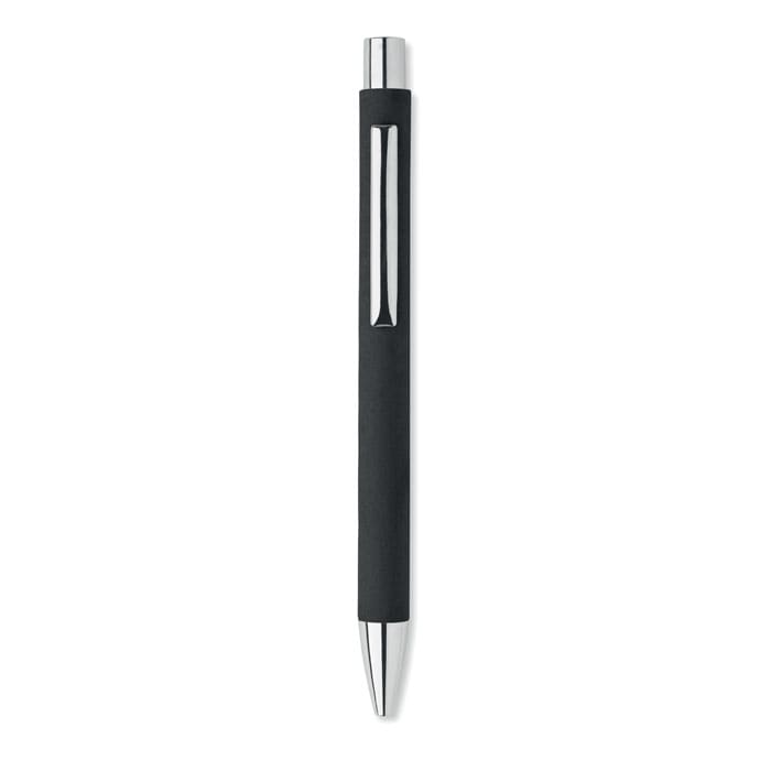 A black pen with a sleek design and chrome accents, featuring a smooth grip and a silver clip.