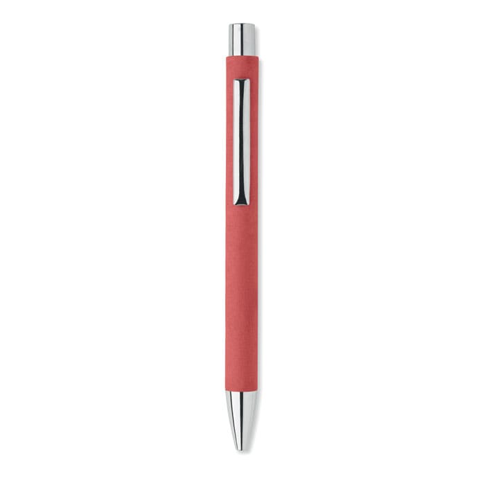 A pen with a red matte finish and silver accents, featuring a clip and a sleek design.