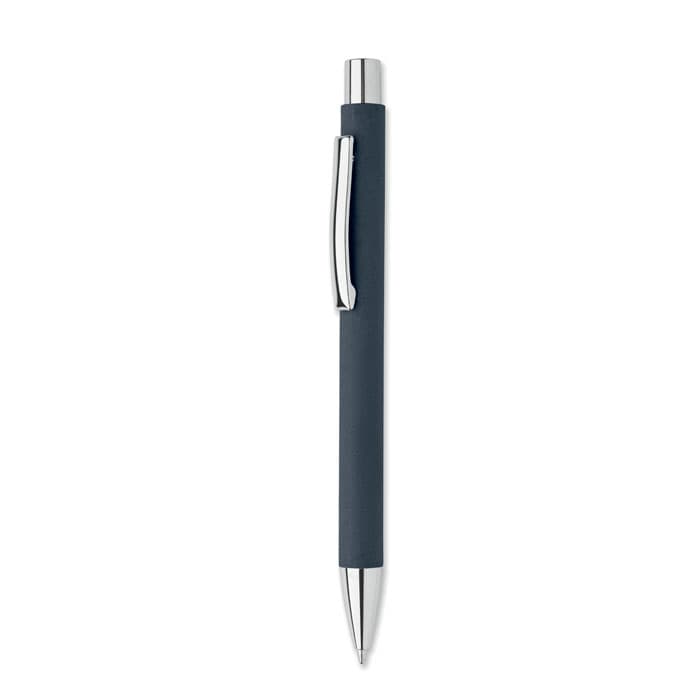 A pen with a dark grey rubber grip and silver accents, featuring a clip and a tapered metal tip.