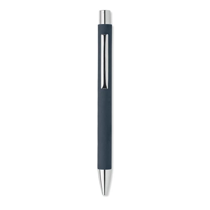 A pen with a navy blue rubber grip and silver accents, featuring a sleek design and a brand logo.
