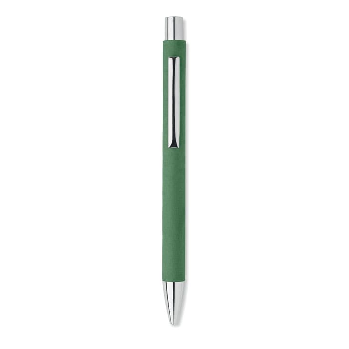 A green pen with a chrome clip and accents. It features a smooth barrel design and has branding.